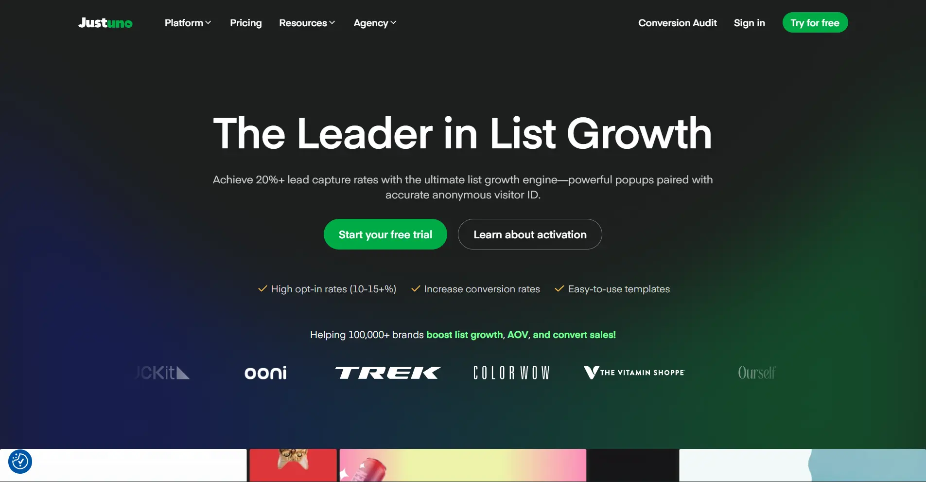 Justuno homepage hero section on a dark gradient background featuring the headline “The Leader in List Growth”