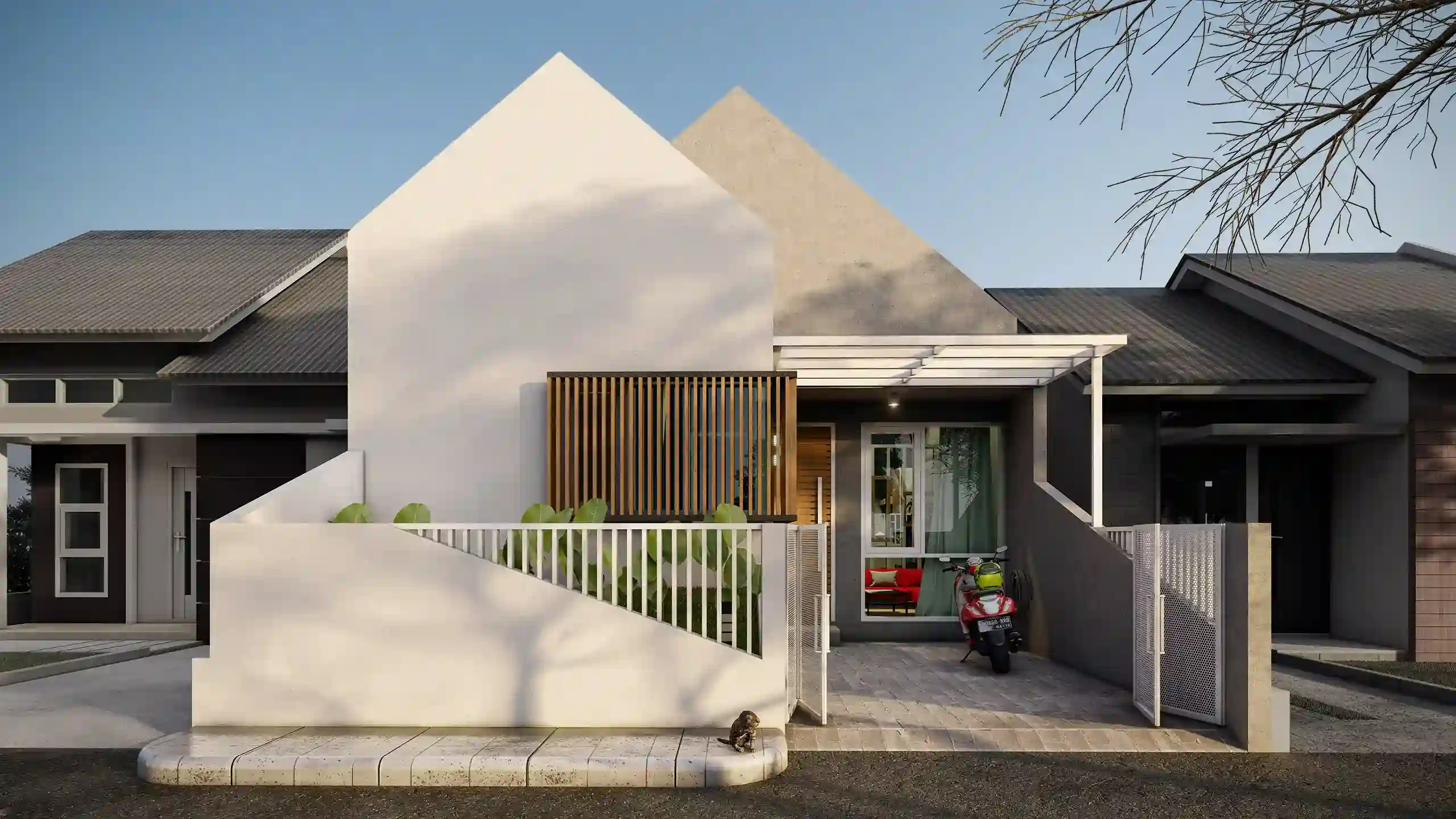 Compact House - Rumah mikro berkonsep minimalist - Solo, Jawa Tengah - Tampak Depan Bangunan di Pagi Hari