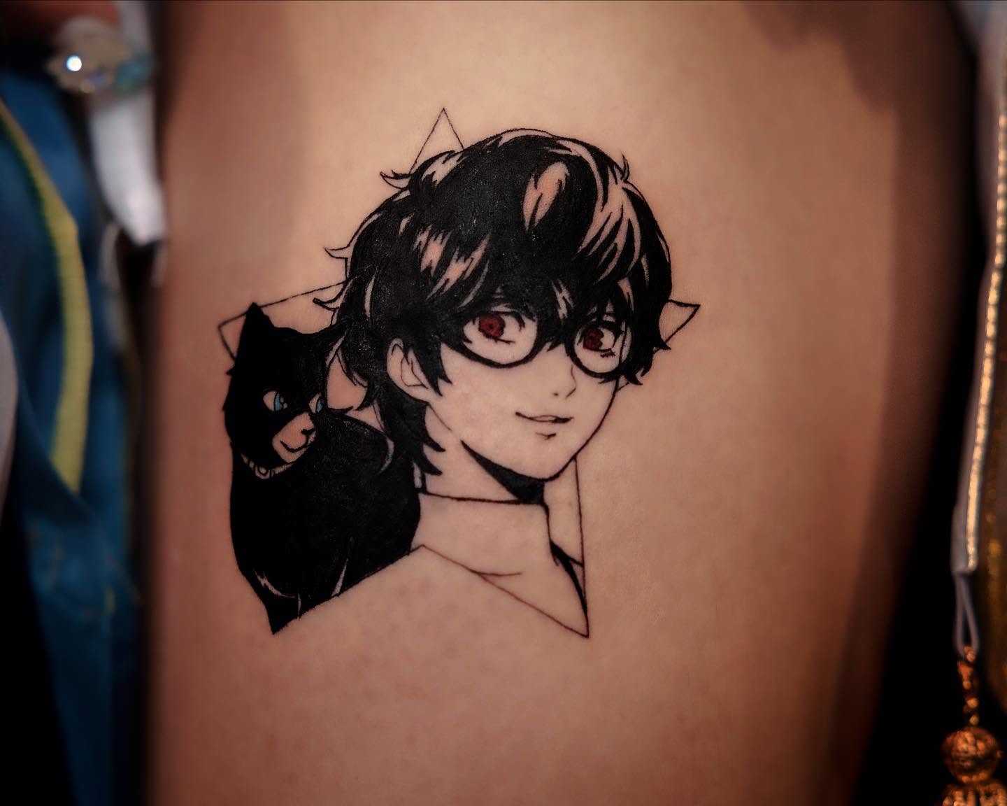 A forearm tattoo of Nezuko Kamado from Demon Slayer, depicted in a stylized anime art style. She is holding a sword.