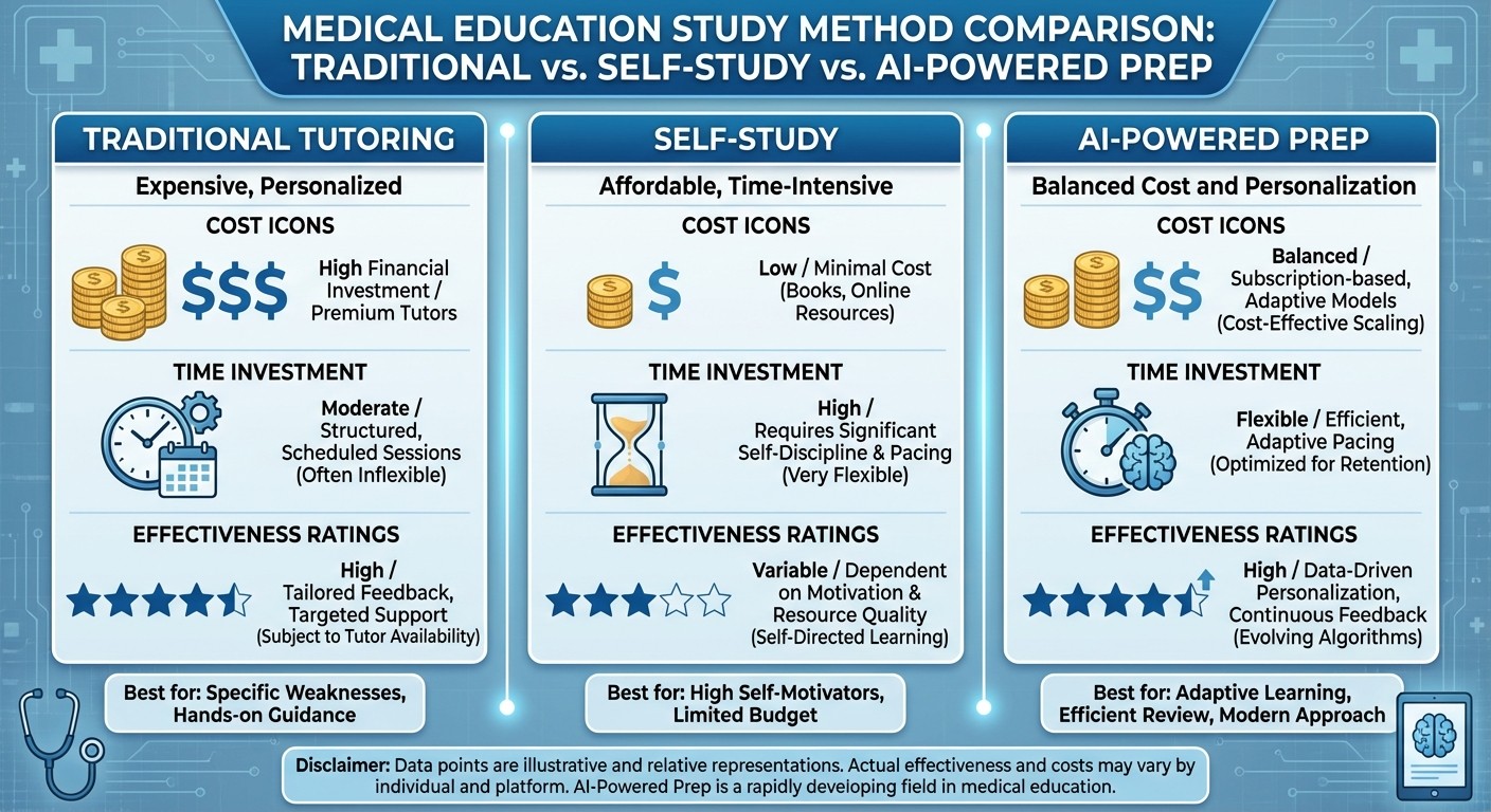 Comparison chart of Step 2 CK prep methods: tutoring vs self-study vs AI platforms