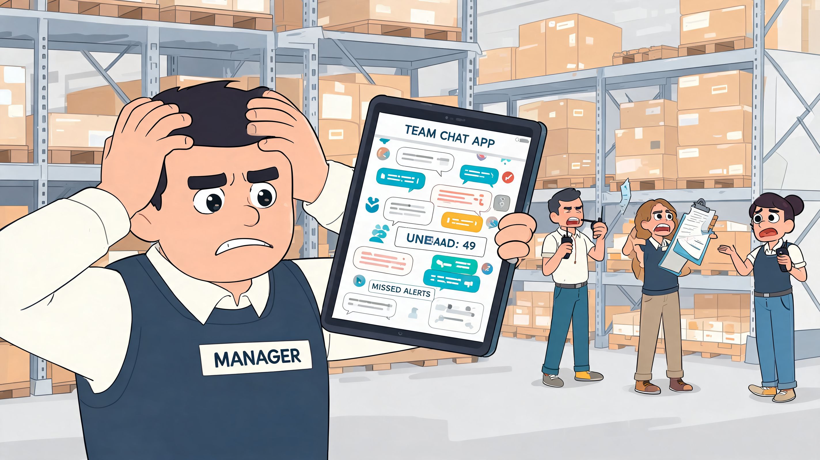 A stressed warehouse manager holding a tablet showing a team chat app with numerous missed alerts.