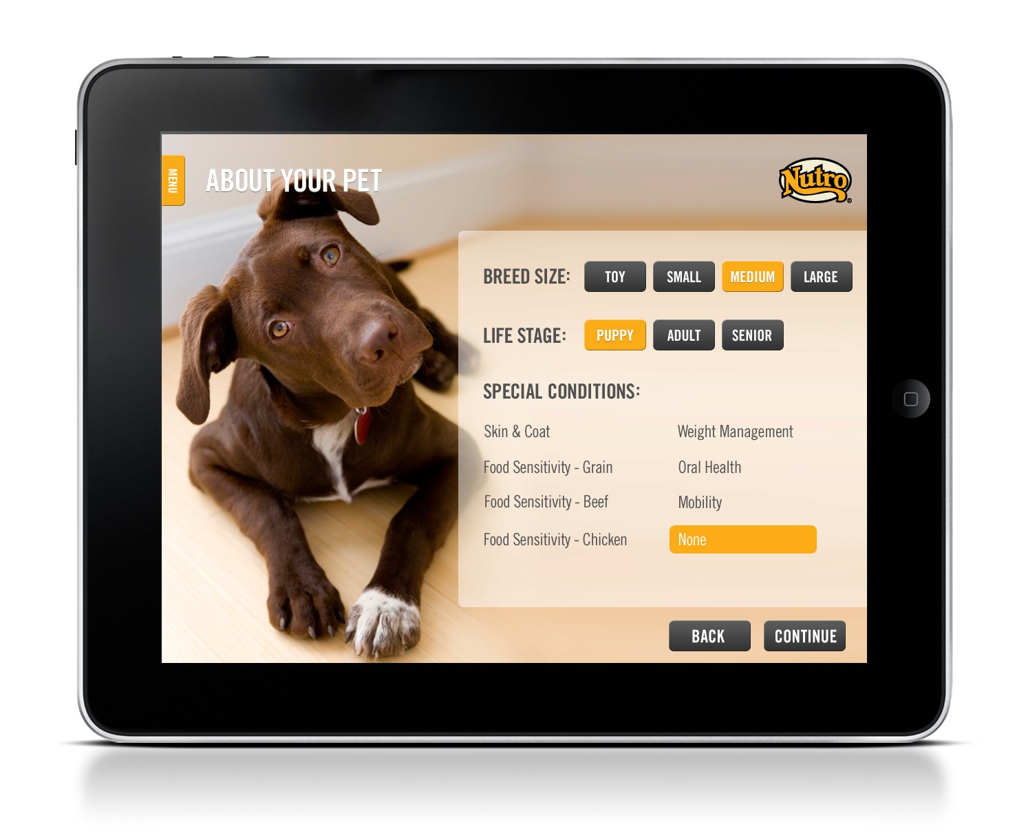 Nutro Pet Sales App Dog Recommendation Filters Screen