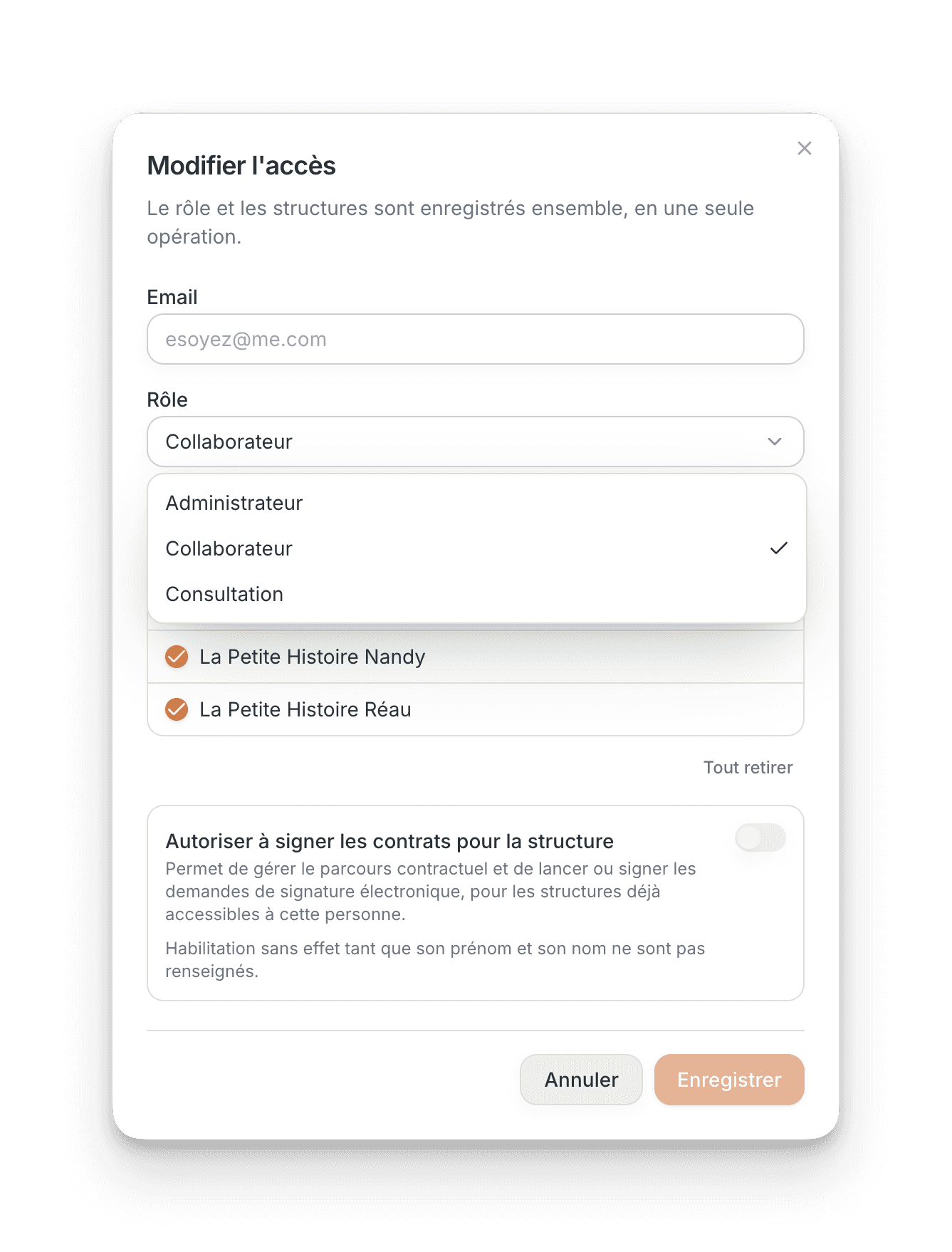 Fenêtre Wiklee permettant de modifier le rôle, les structures accessibles et l’habilitation à signer d’un utilisateur.