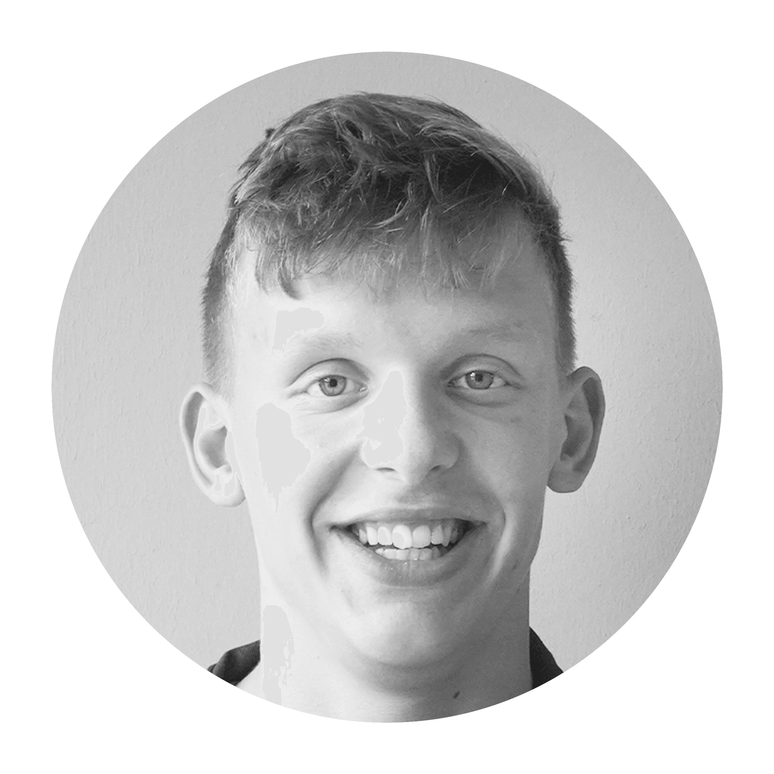 Portrait of a smiling young man, black and white, in a circle
