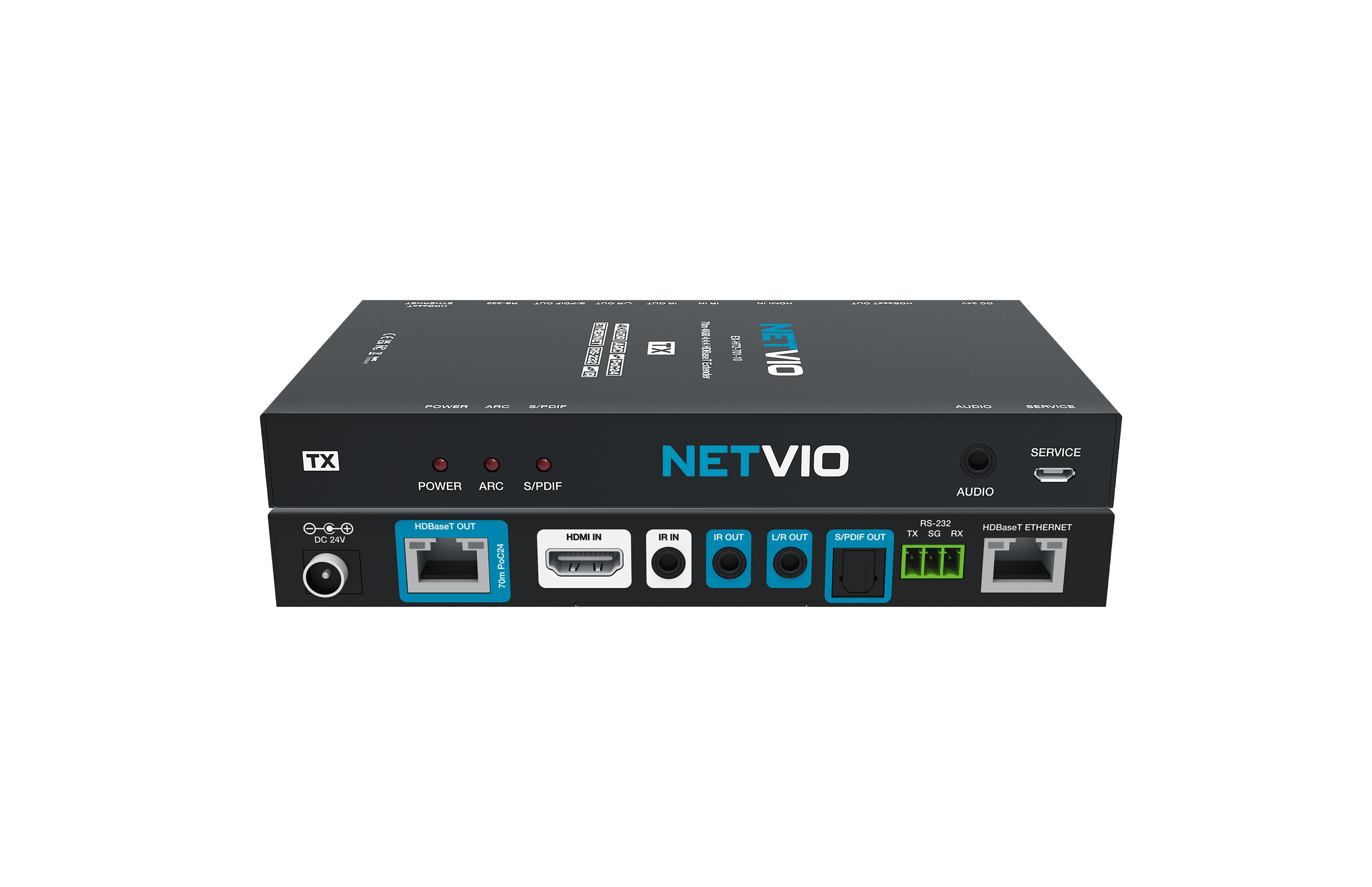 Black Netvio HDMI extender with multiple ports.