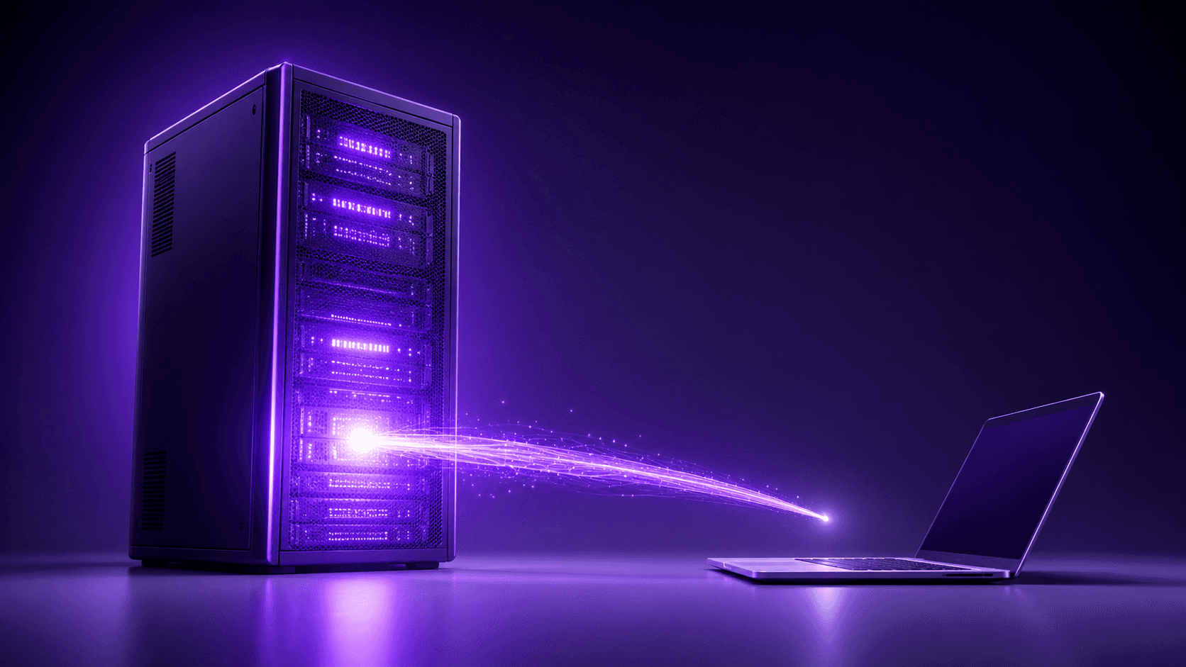 Light streaming from a server to a laptop, representing a cloud Windows PC on Mac