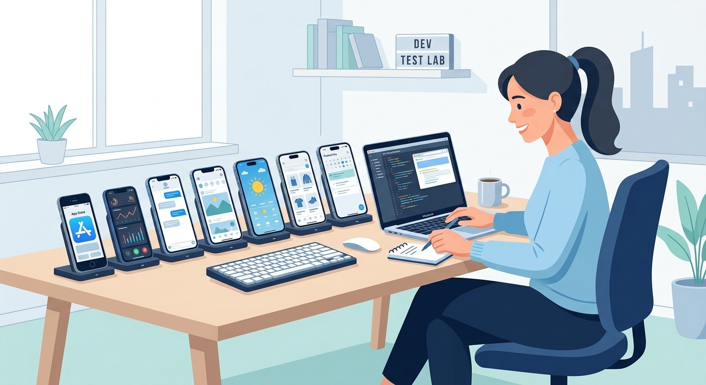Illustration of a developer at a desk with multiple iPhone models showing different app screens for device testing.