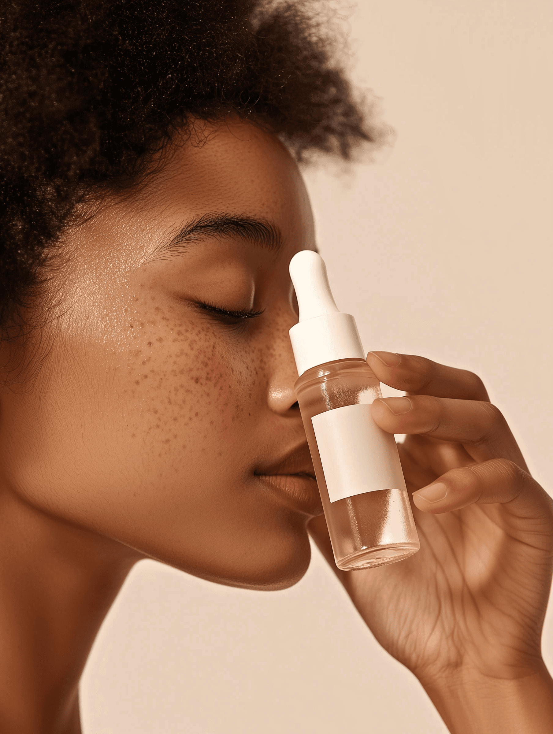 A glass jar with beige cream rests on a textured stone under warm lighting