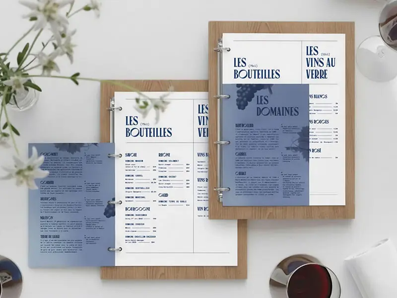 Cartes des vins de l’Hôtel Outa présentées sur planches en bois, design éditorial bleu et blanc avec typographie élégante et rubriques par domaines viticoles.