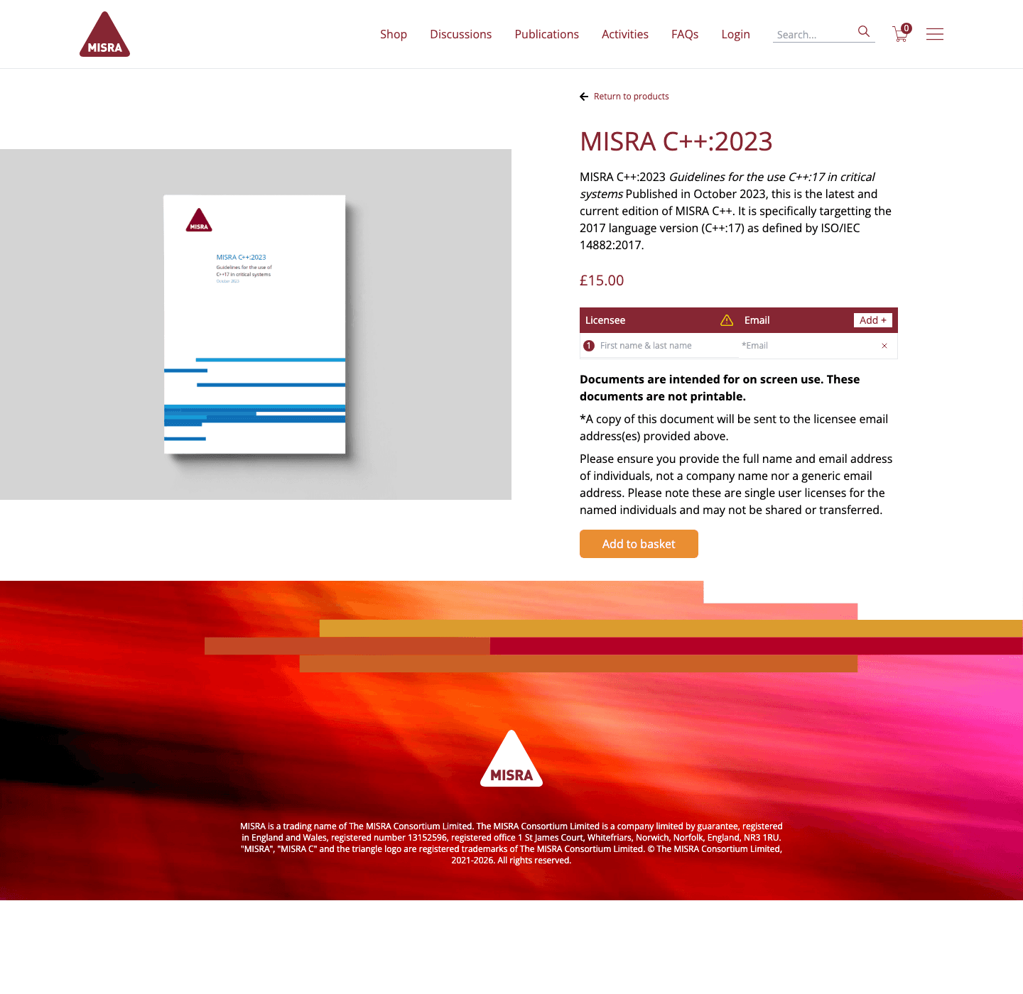 The official MISRA webstore page for MISRA C++ 2023 showing the £15 price, October 2023 publication, C++17 target, and single-user license terms