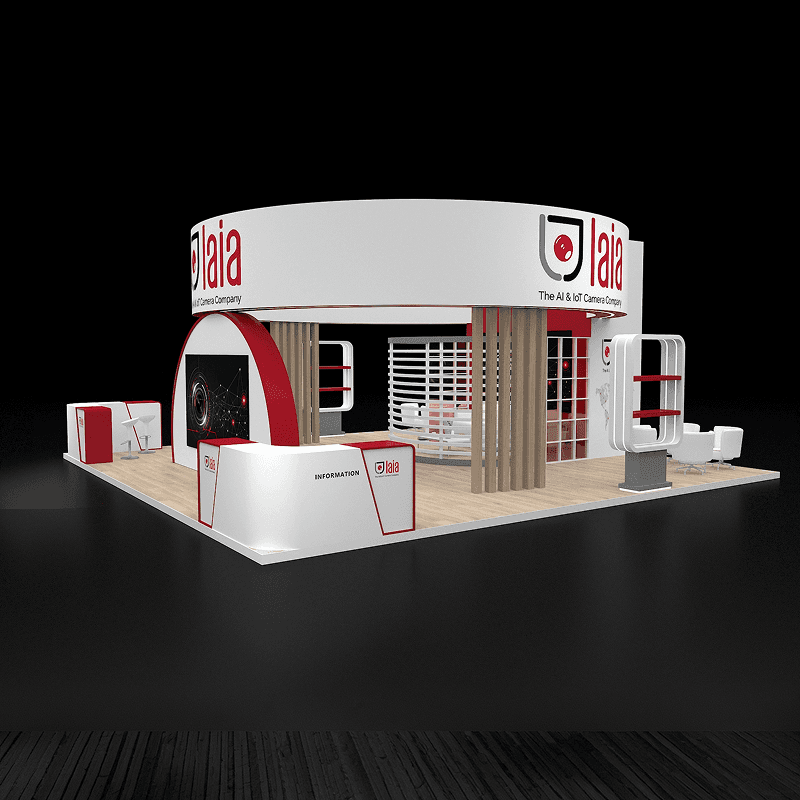 30x30 technology exhibit with large screen presentations, buyer meetings, and integrated storage