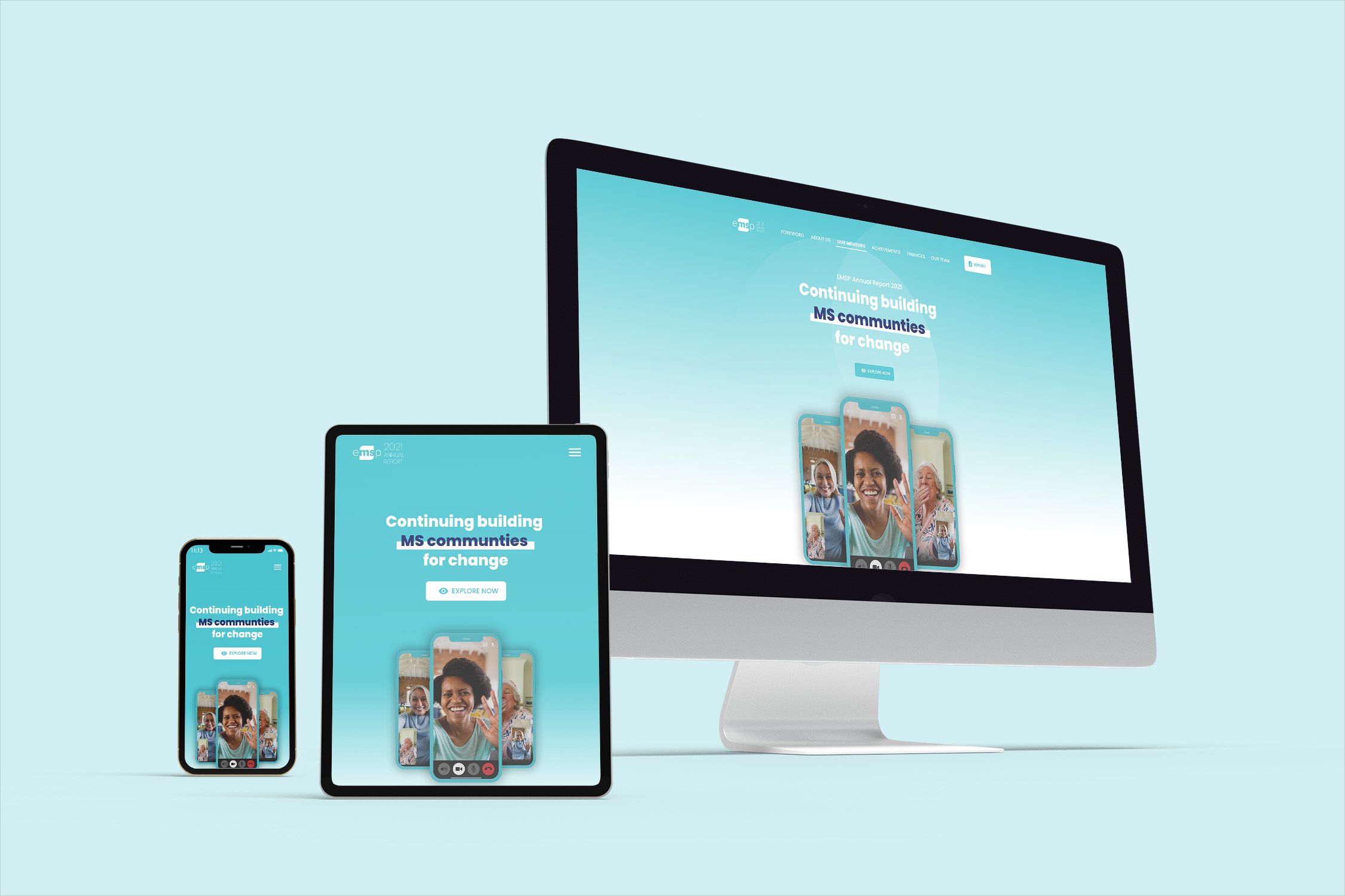 EMSP Interactive Annual Report 2021 hero section on multiple devices including a wide screen, tablet and mobile