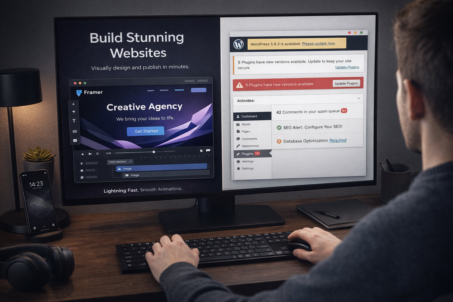 Comparación visual de cms de framer y wordpress