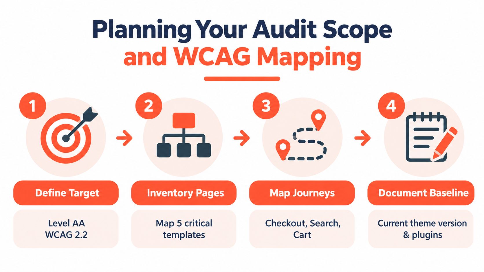 A four-step infographic illustrating the planning process for conducting an accessibility website audit and WCAG mapping.