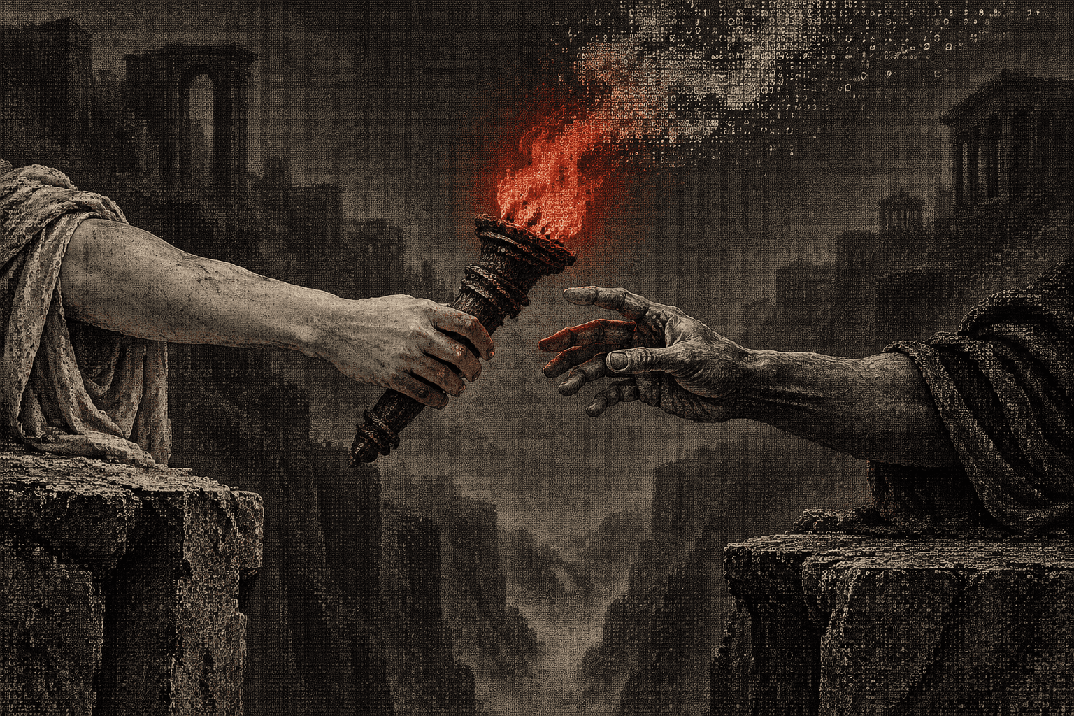 Two marble hands passing a lit torch across a narrow chasm, the flame red