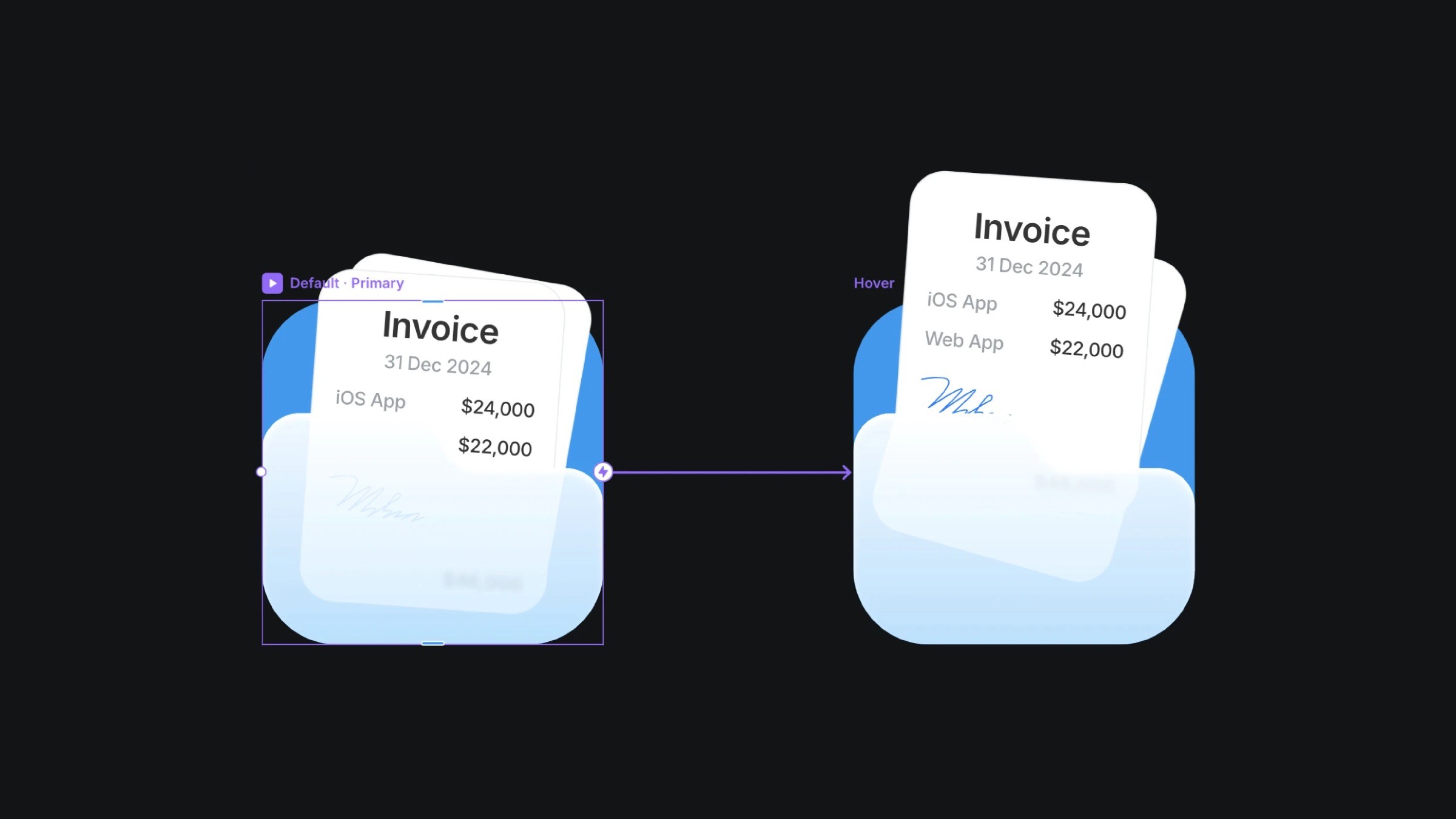 Invoice folder hover state interaction showing document details for iOS and web app pricing