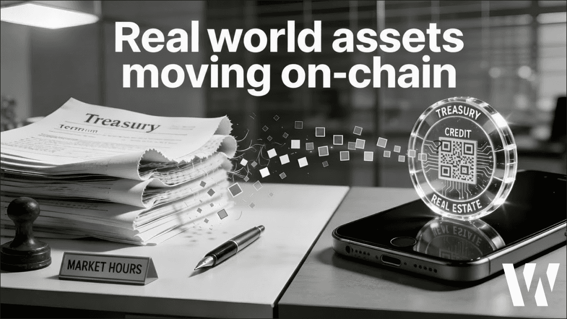 Black-and-white trading desk where paper Treasury documents dissolve into pixels and form a clear acrylic token with a crisp QR-like pattern, illustrating real-world assets moving on-chain.