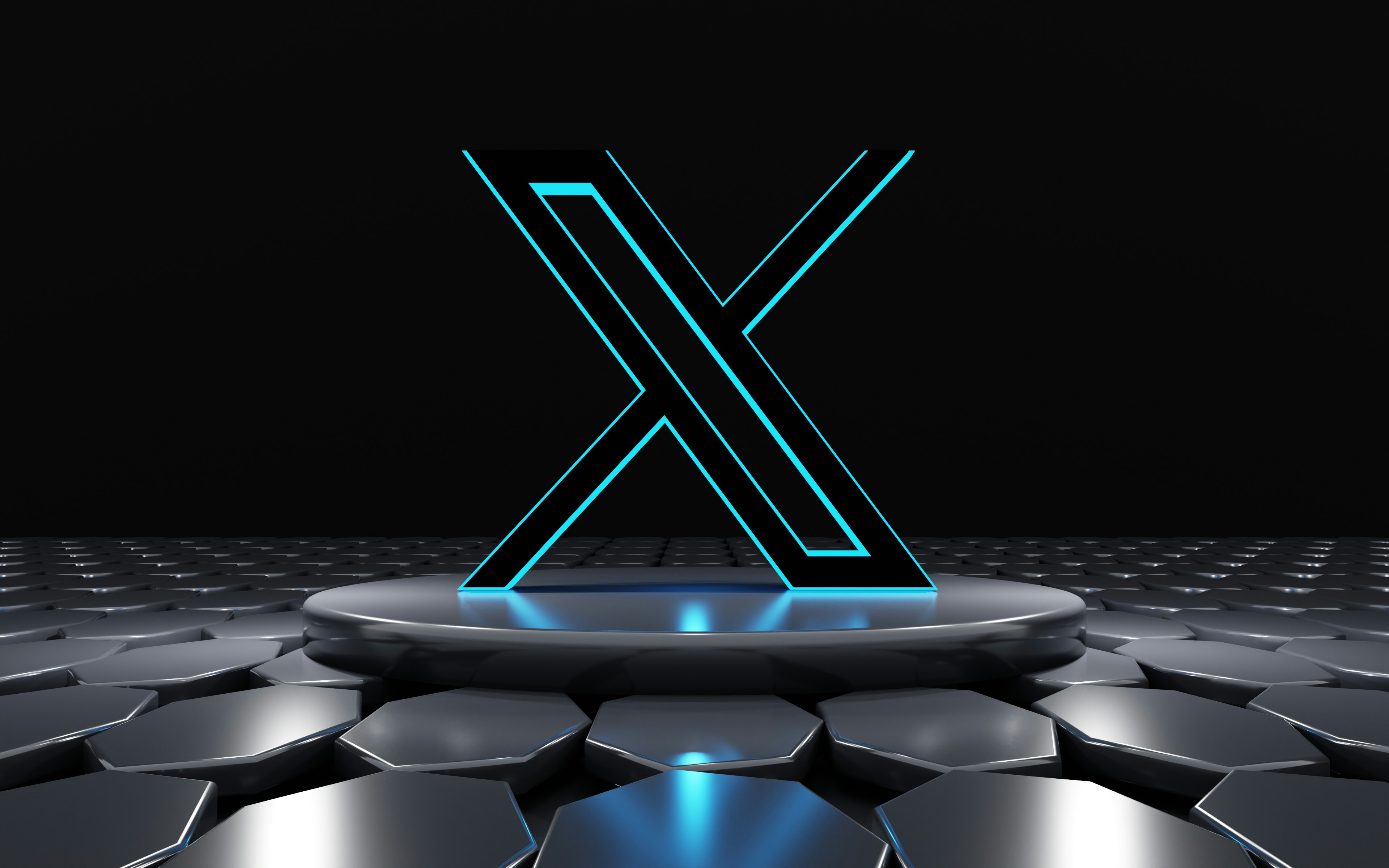 Glowing blue X logo stands on a metallic hexagonal platform against a dark background, creating a futuristic, tech-inspired aesthetic.