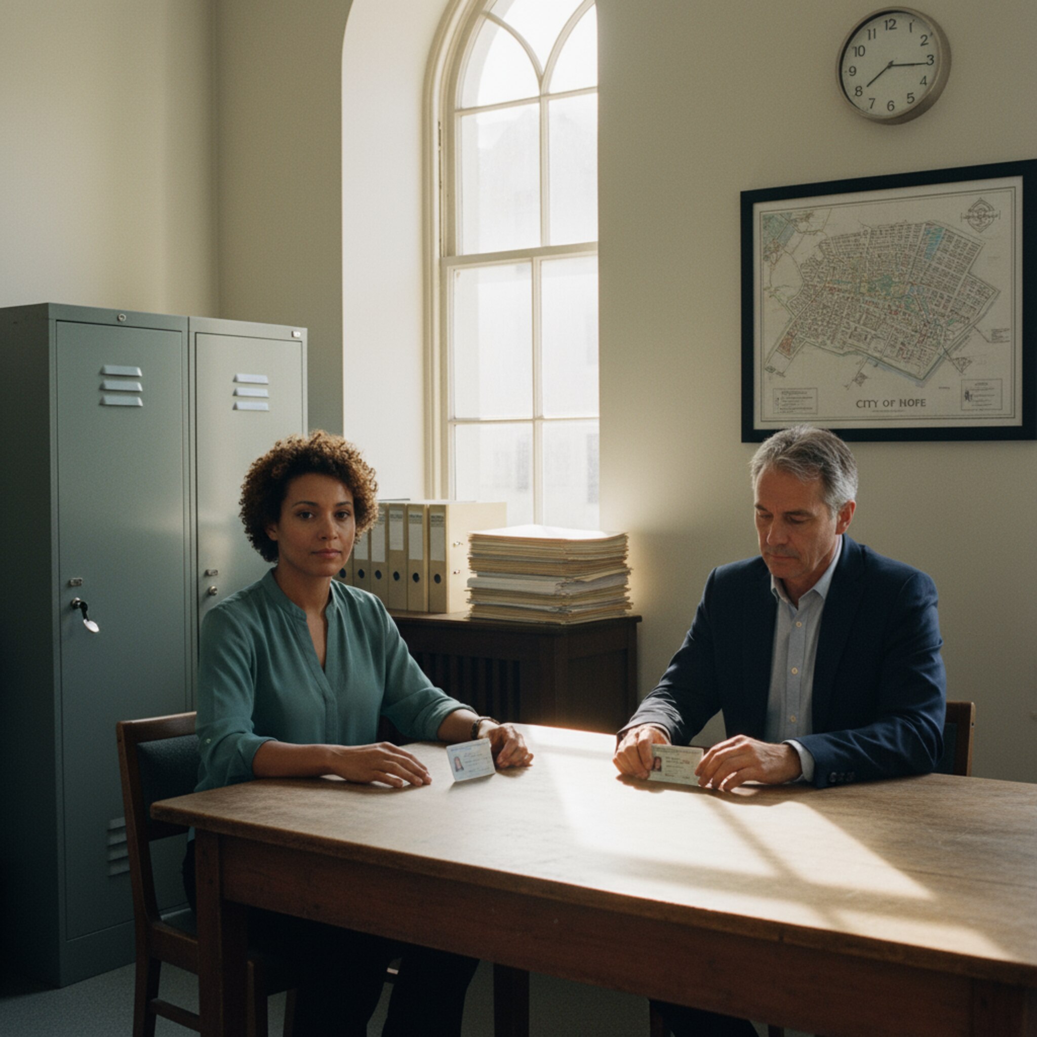 Ein kleiner Besprechungsraum im Rathaus. Zwei Personen legen Ausweise auf den Tisch, ein abschließbarer Schrank steht an der Wand. Sonnenlicht fällt auf geordnete Aktenstapel. Die Stimmung wirkt verantwortungsvoll und konzentriert, als würde eine klare Regelung für sensible Vorgänge getroffen.