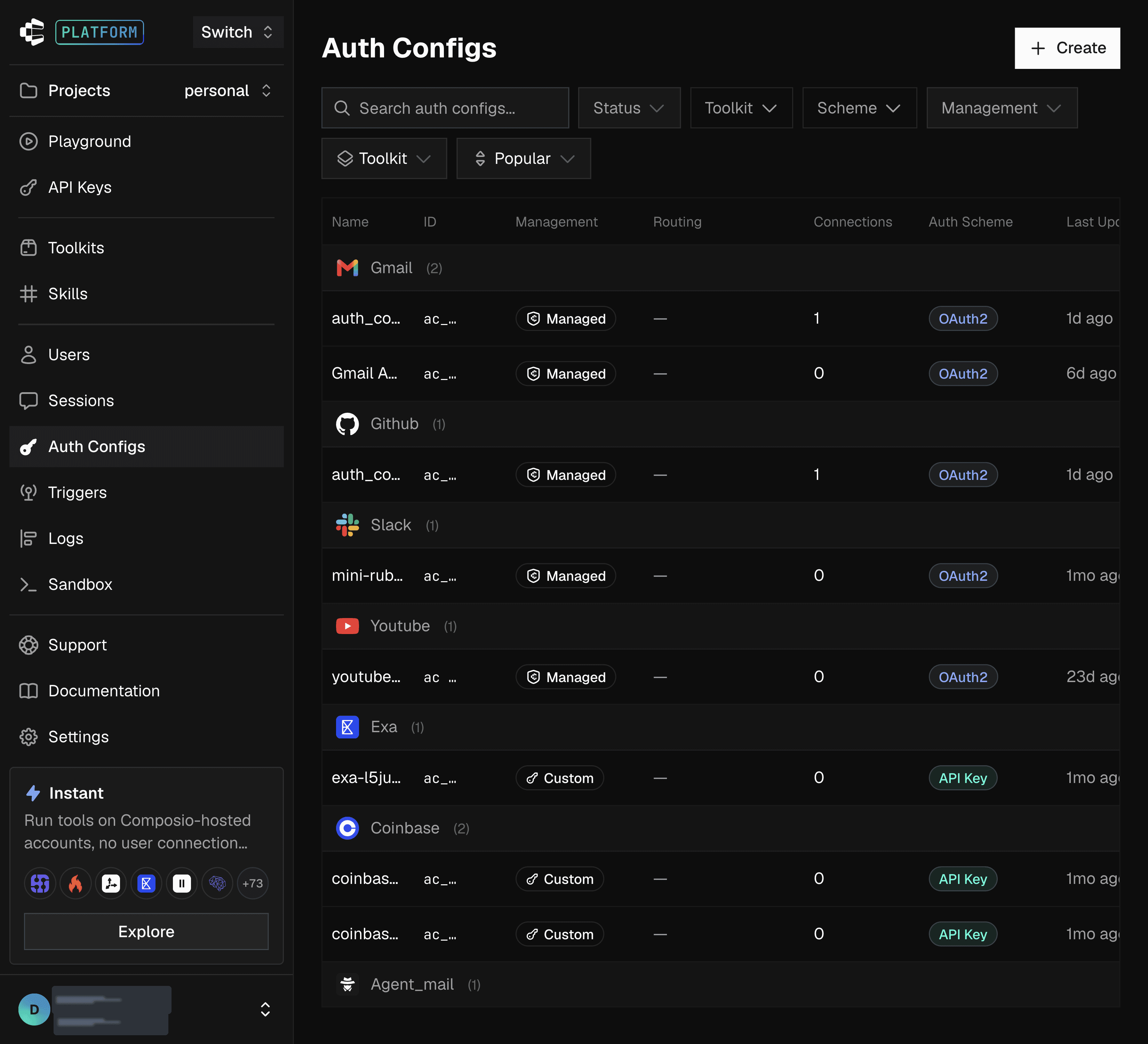 Auth Configs page with the Create button