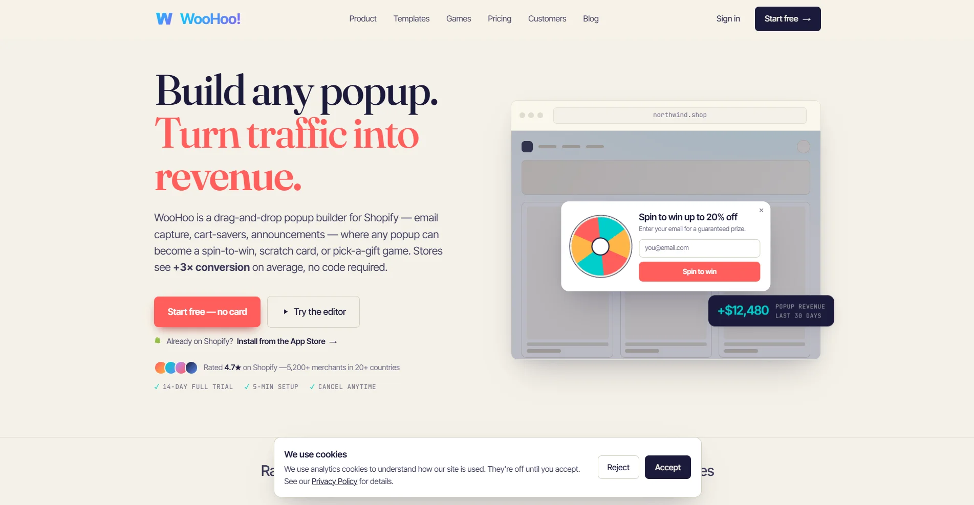 WooHoo homepage hero section set against a light cream background featuring the headline “Build any popup. Turn traffic into revenue.”
