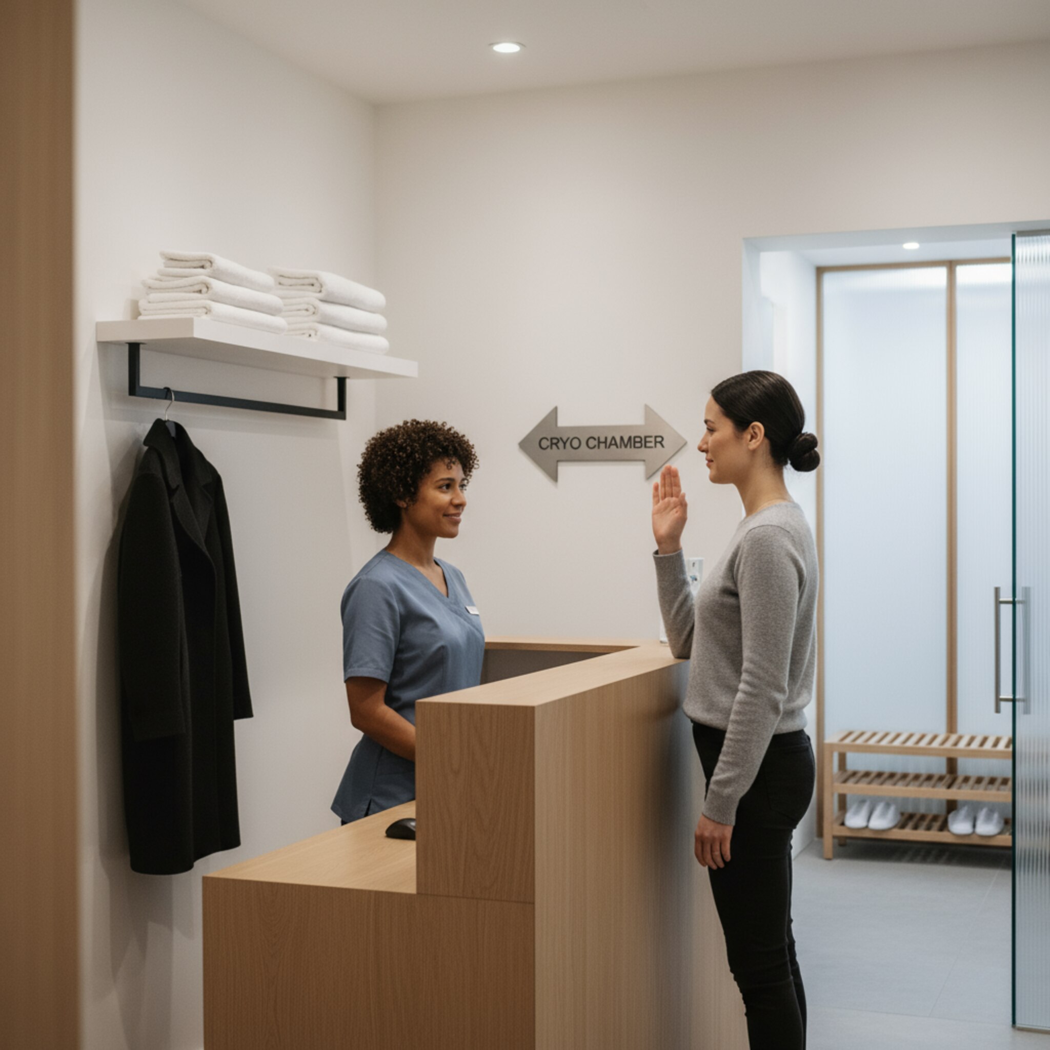 Am Empfang begrüßt eine Mitarbeiterin einen Gast, der Mantel hängt ordentlich an der Garderobe. Frisch gefaltete Handtücher liegen bereit, ein dezentes Schild weist den Weg zur Kammer. Beide nicken kurz, die Atmosphäre ist ruhig und klar. Die nächste Station wirkt sichtbar vorbereitet.