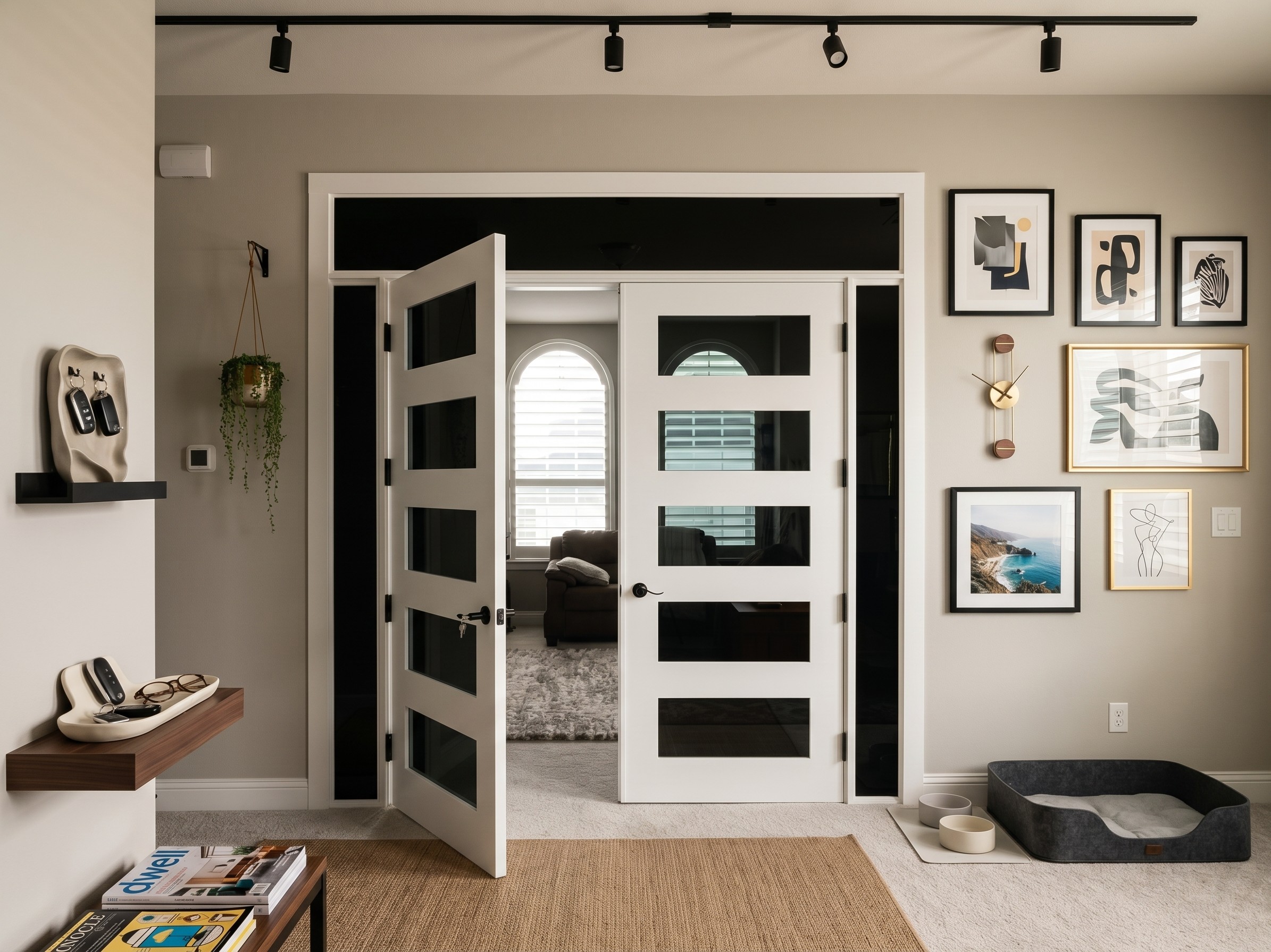 Black-framed modern glass double doors opening into a bright room