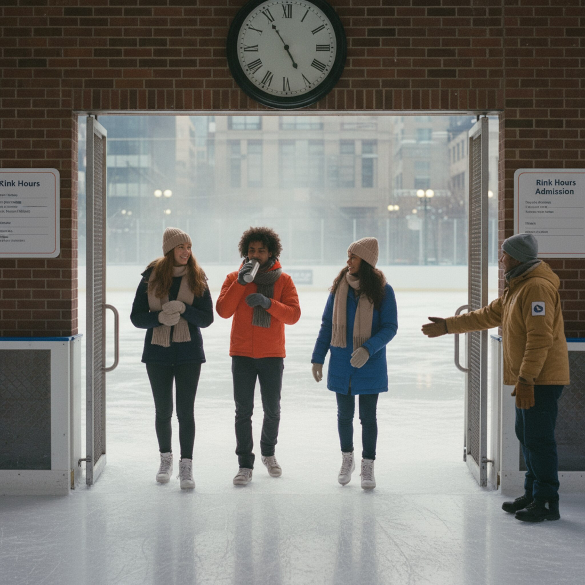 Eine kleine Gruppe steht entspannt am Eingang zur Eisfläche, während eine große Wanduhr unauffällig die Startzeit signalisiert. Ein Mitarbeiter öffnet die Absperrung und weist freundlich den Weg. Die Bewegung wirkt fließend, niemand drängelt. Das Eis liegt ruhig bereit, glänzend und einladend.