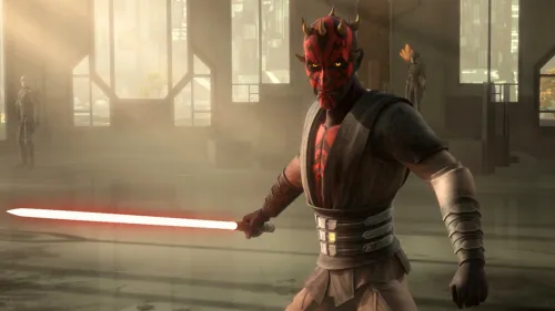 Darth Maul with an ignited lightsaber in a throne room