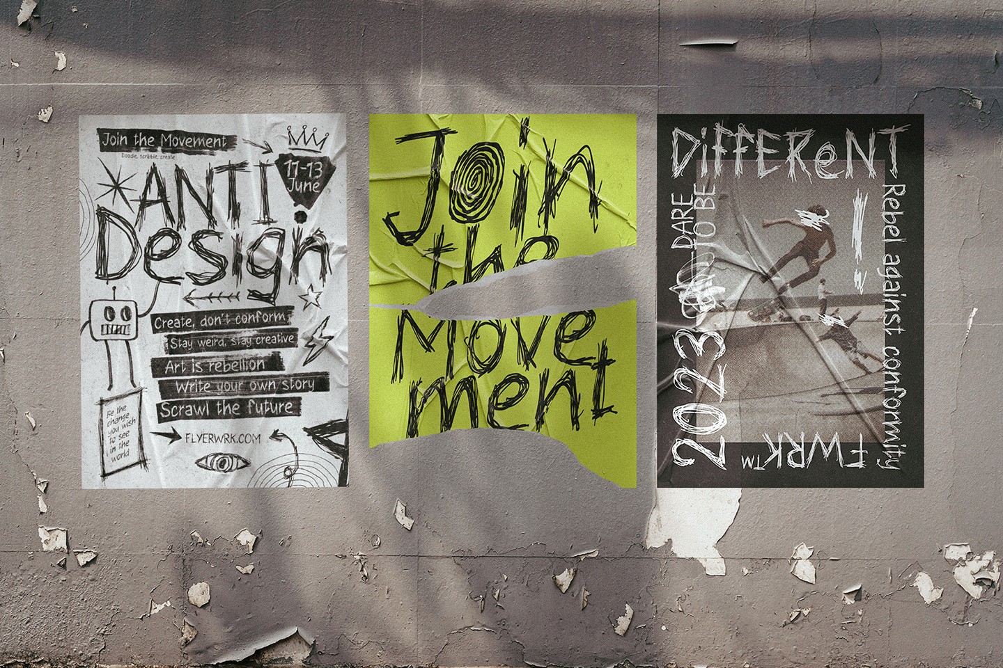 Street poster mockups using Scrawlpunk font for anti design movement and rebel themed graphic layouts