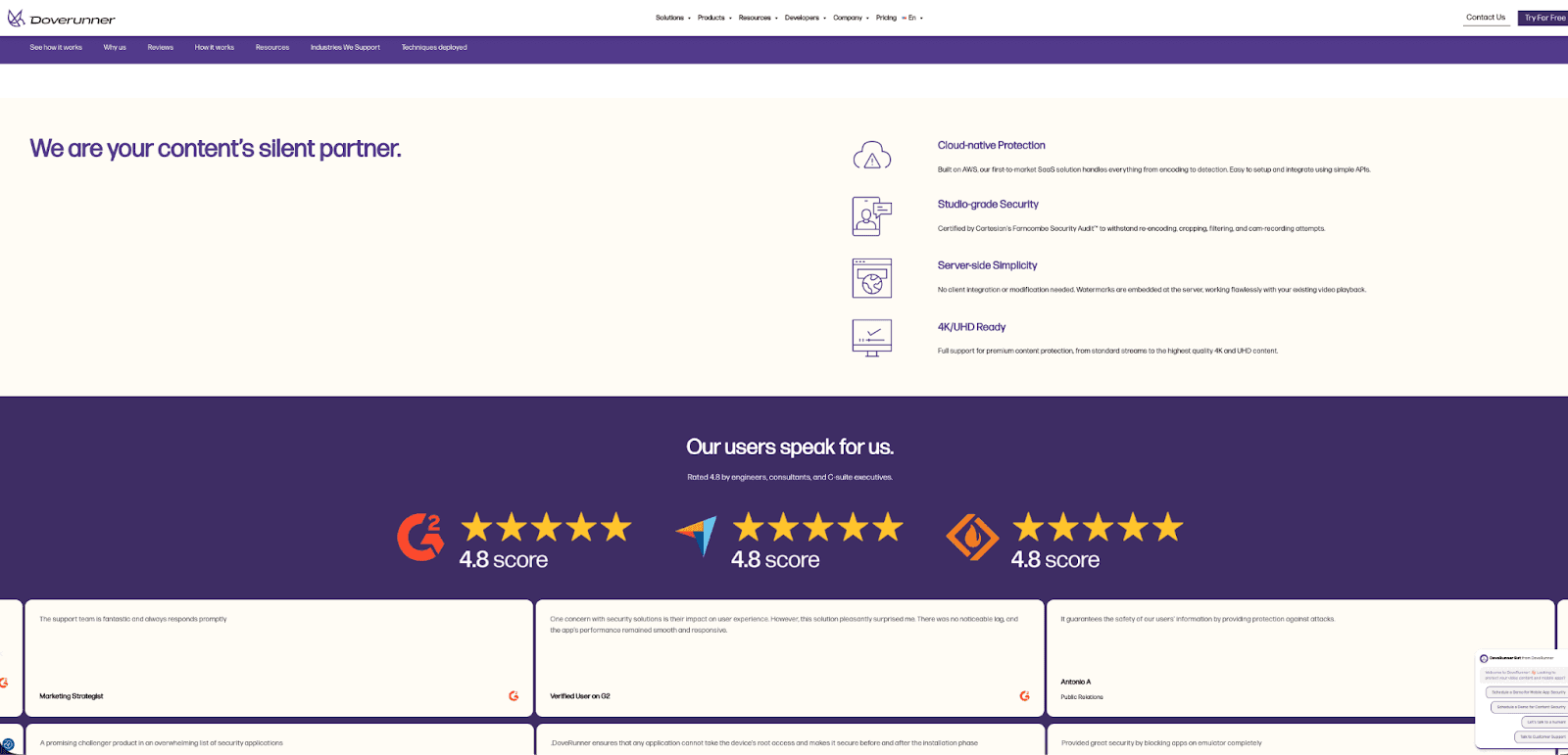 Screenshot of DoveRunner’s product page