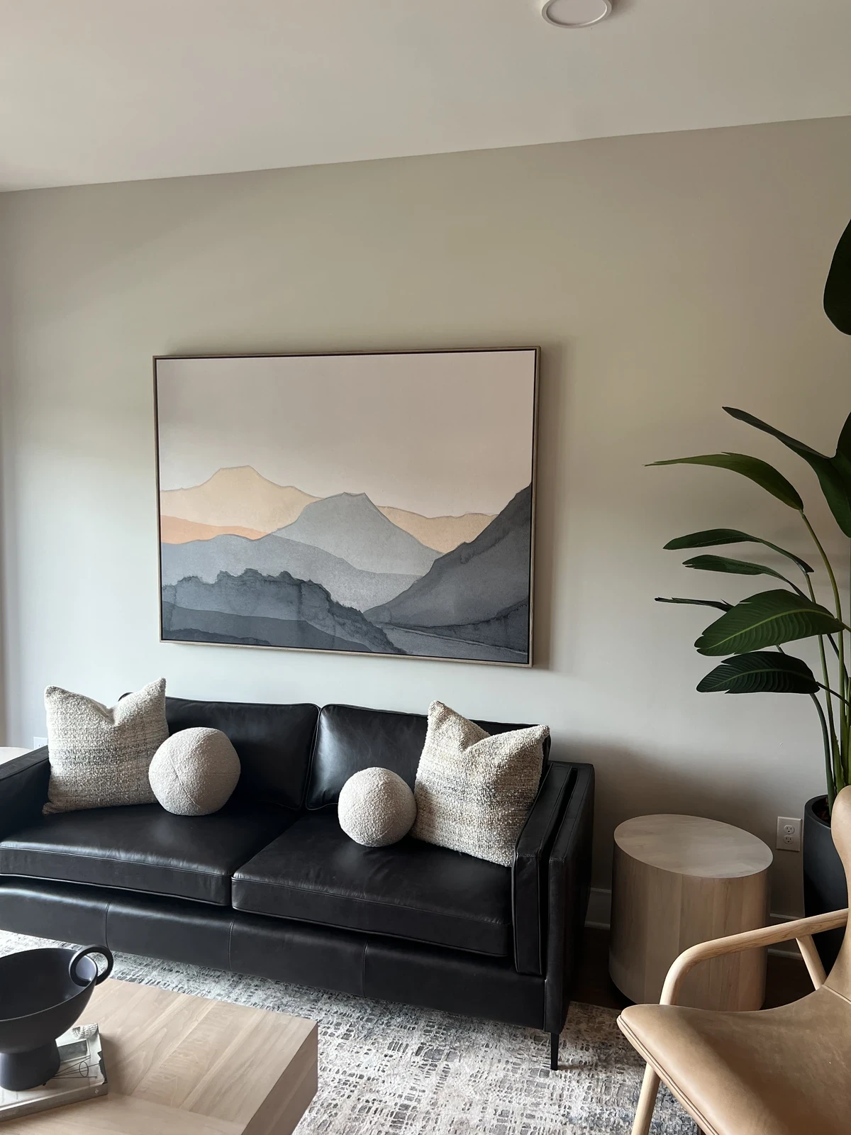 Framed landscape artwork above a black sofa in a bright finished living room.
