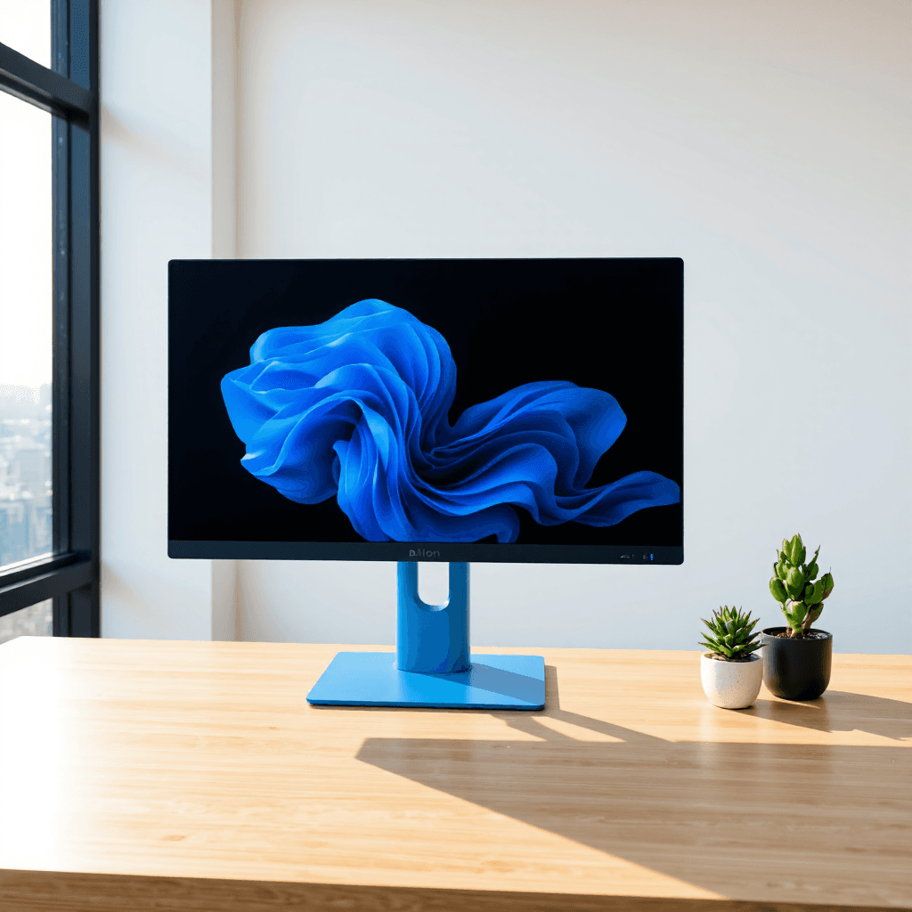 product photography of a desktop computer with an all-in-one design, featuring a large display and integrated speakers