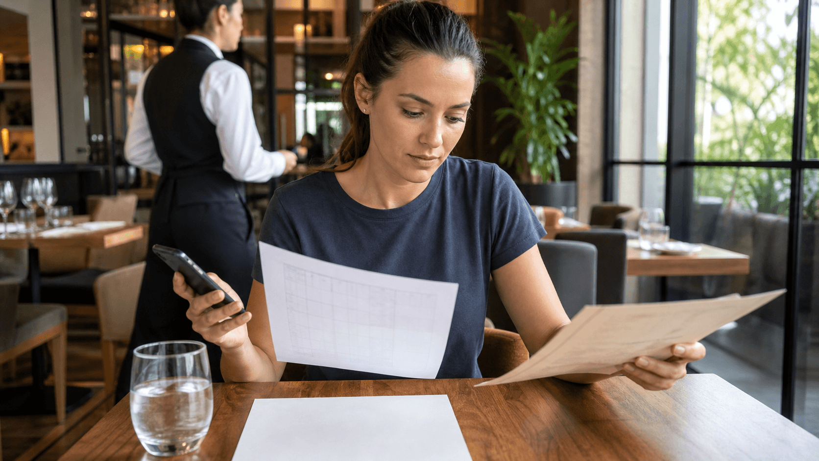 Personne vérifiant horaires et menu au restaurant avant réservation en ligne