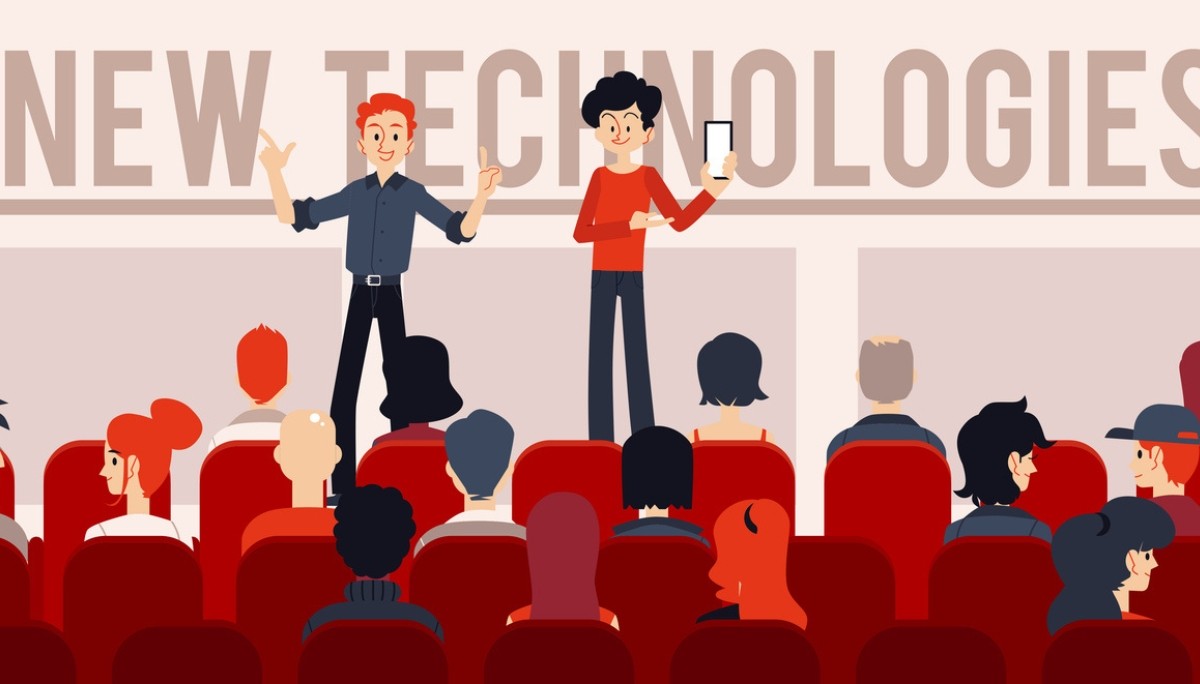 Illustration of two presenters on stage at a tech seminar labeled “NEW TECHNOLOGIES,” speaking to a diverse audience, capturing the energy, innovation, and public engagement of major tech conferences in 2026.