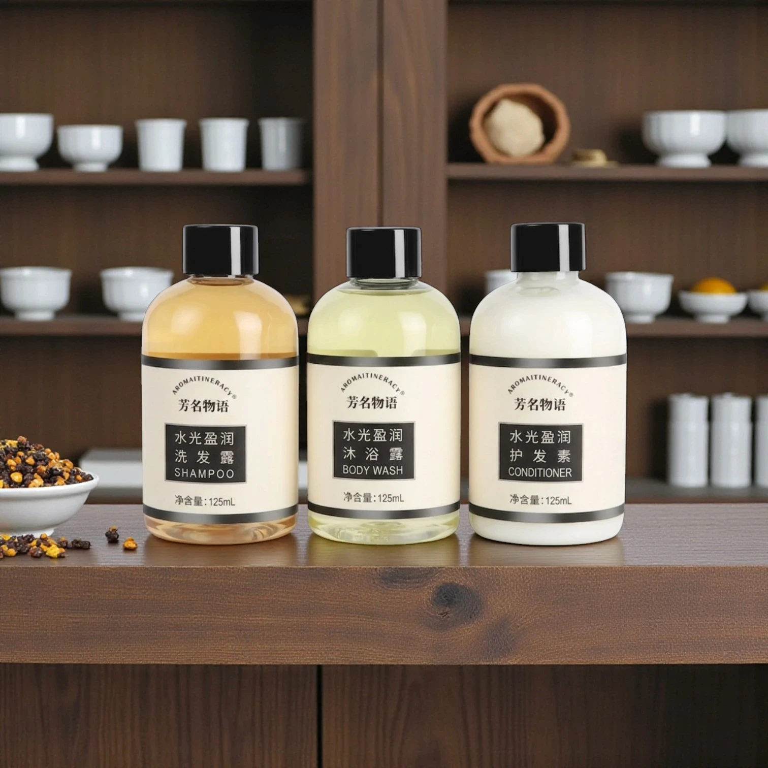 Bulk hotel amenities kit with sustainable packaging, featuring customizable bottles and logo branding for boutique hotels and hospitality chains.