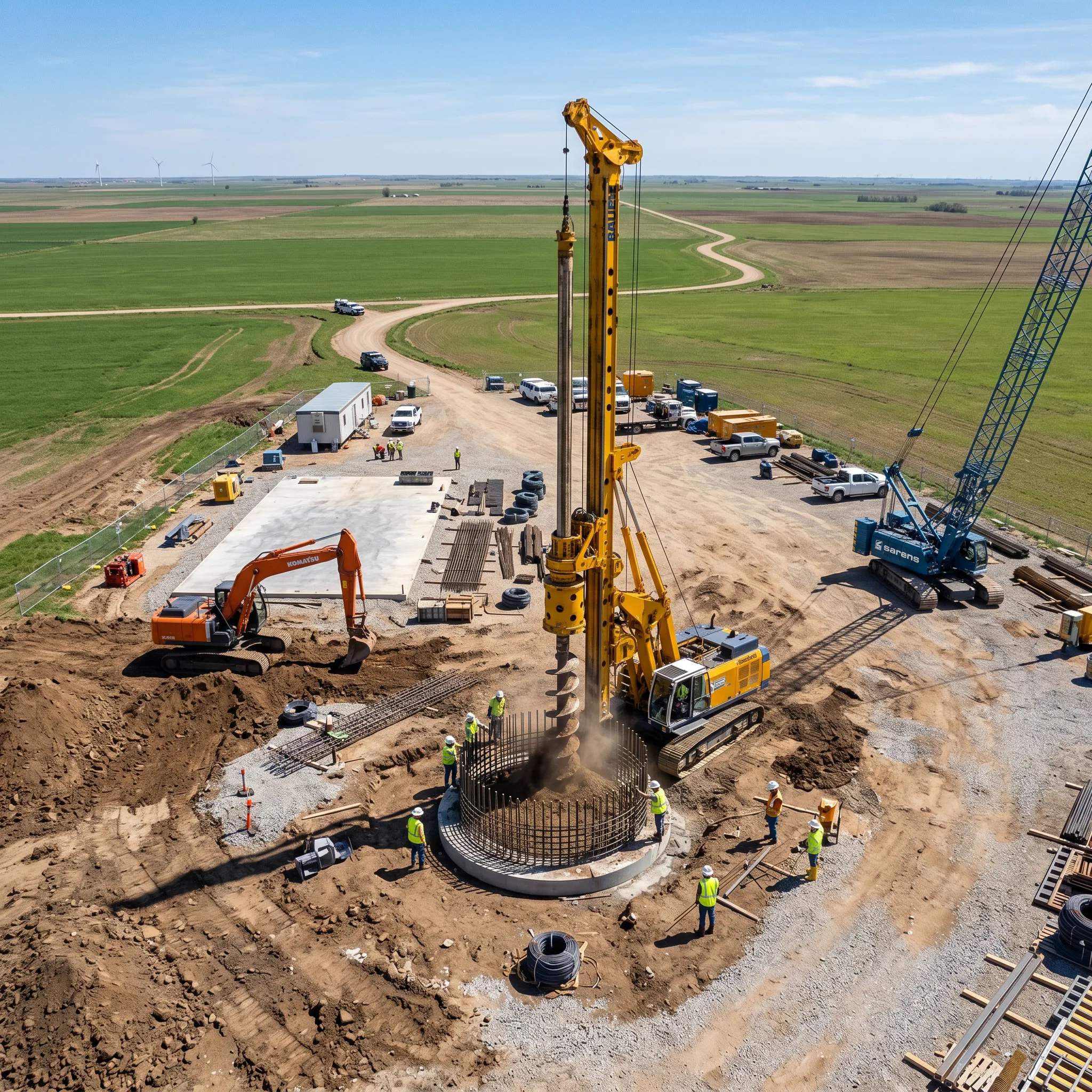 A worker in a hard hat operates a yellow drilling machine under a clear blue sky, near solar panels.