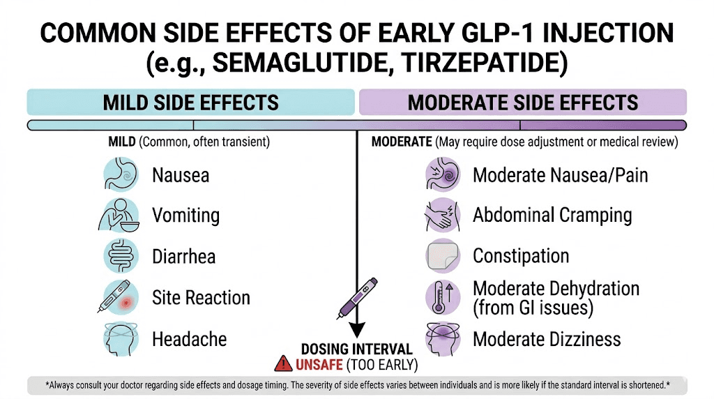 Side effects of taking GLP-1 injection a day early including nausea and constipation