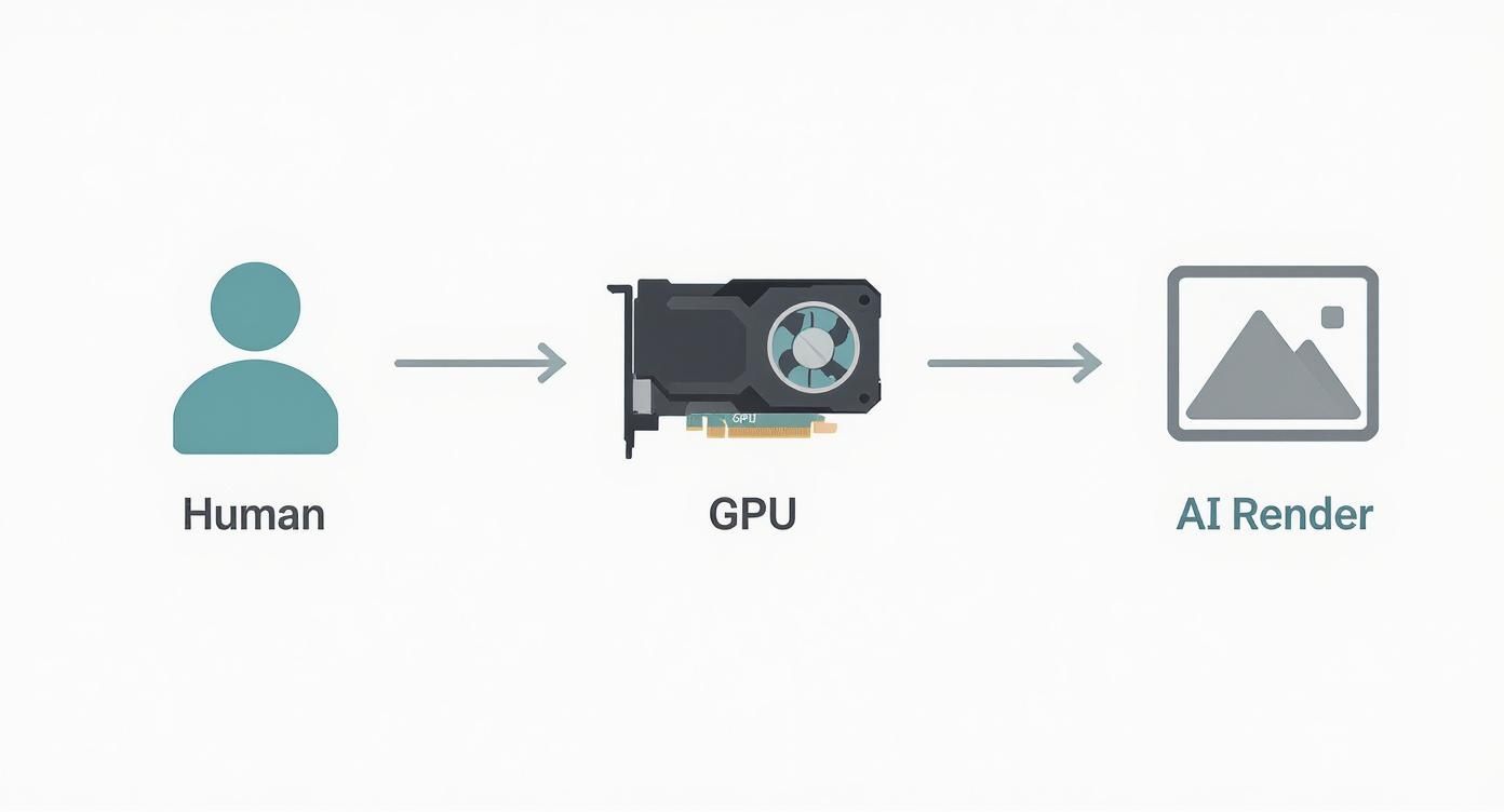 Infographic showing the AI rendering process from human user to GPU to final AI render.