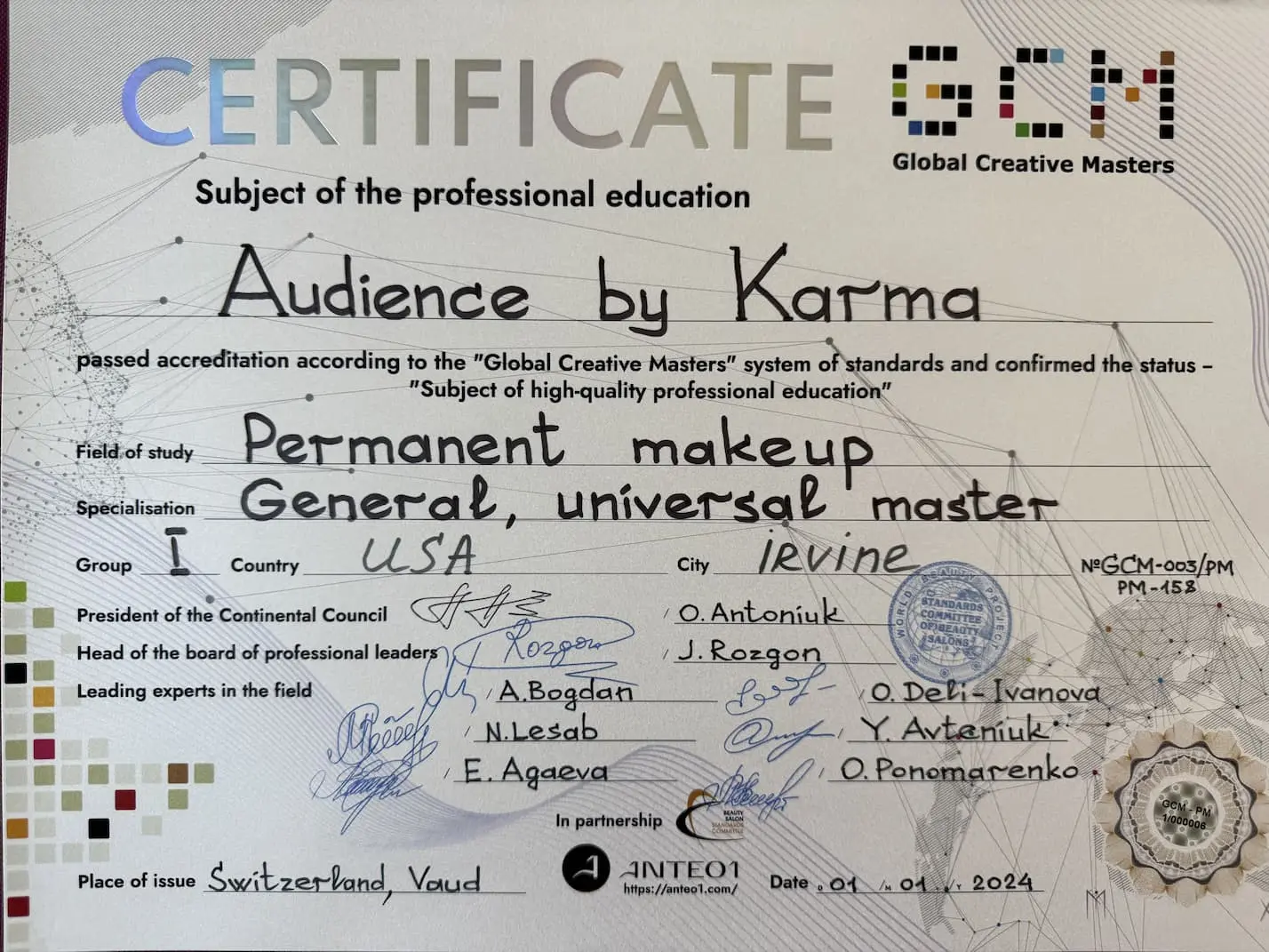 certificate permanent PMU make up