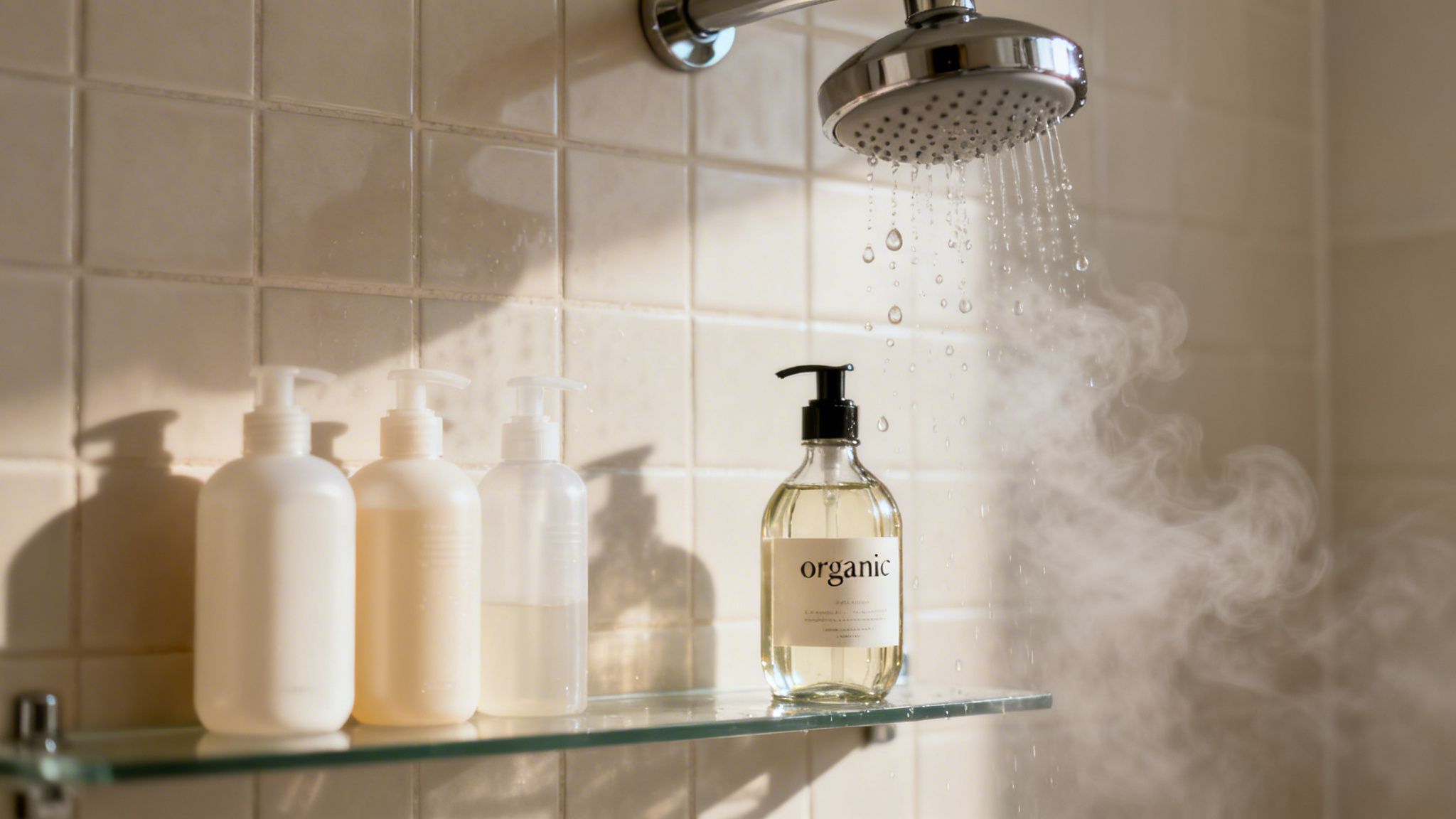 Running shower with steam and various pump bottles of shampoo and conditioner, including an organic brand.