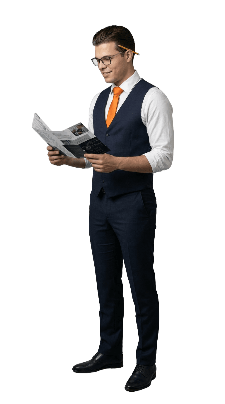 Tom van T7 Productions leest een brochure
