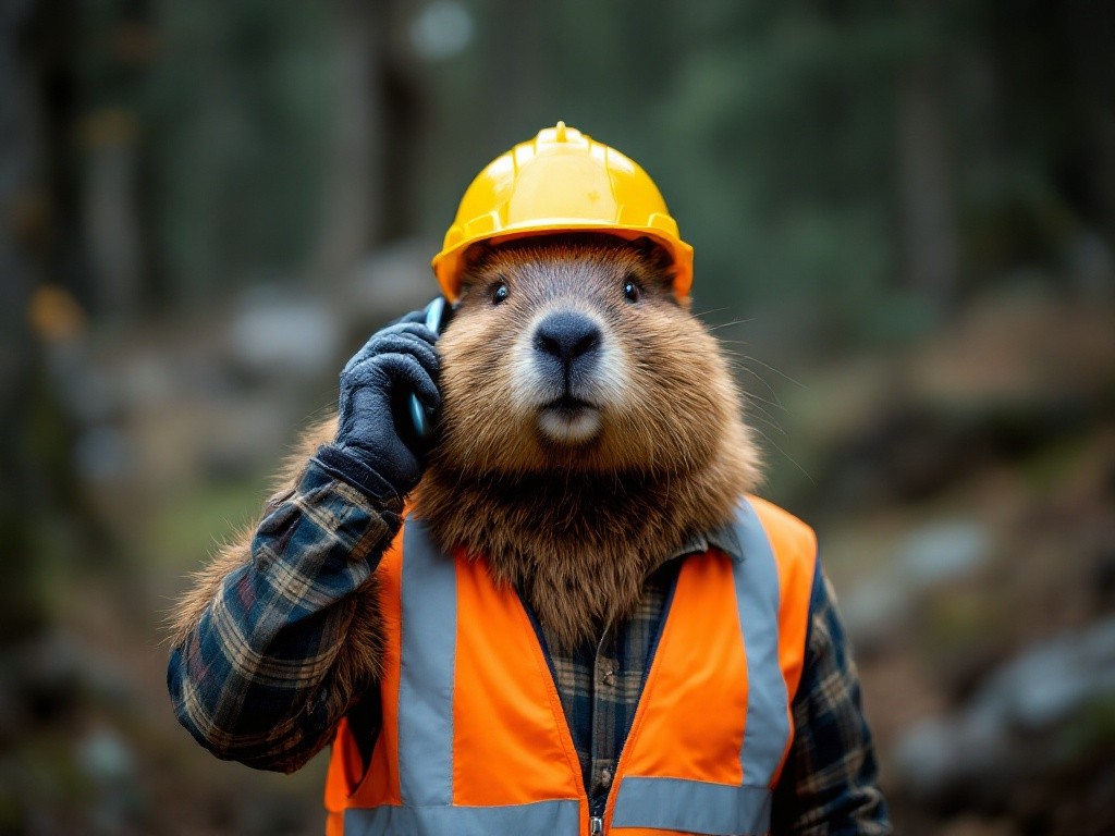 A beaver wearing a hard hat and safety vest is talking on a cell phone.