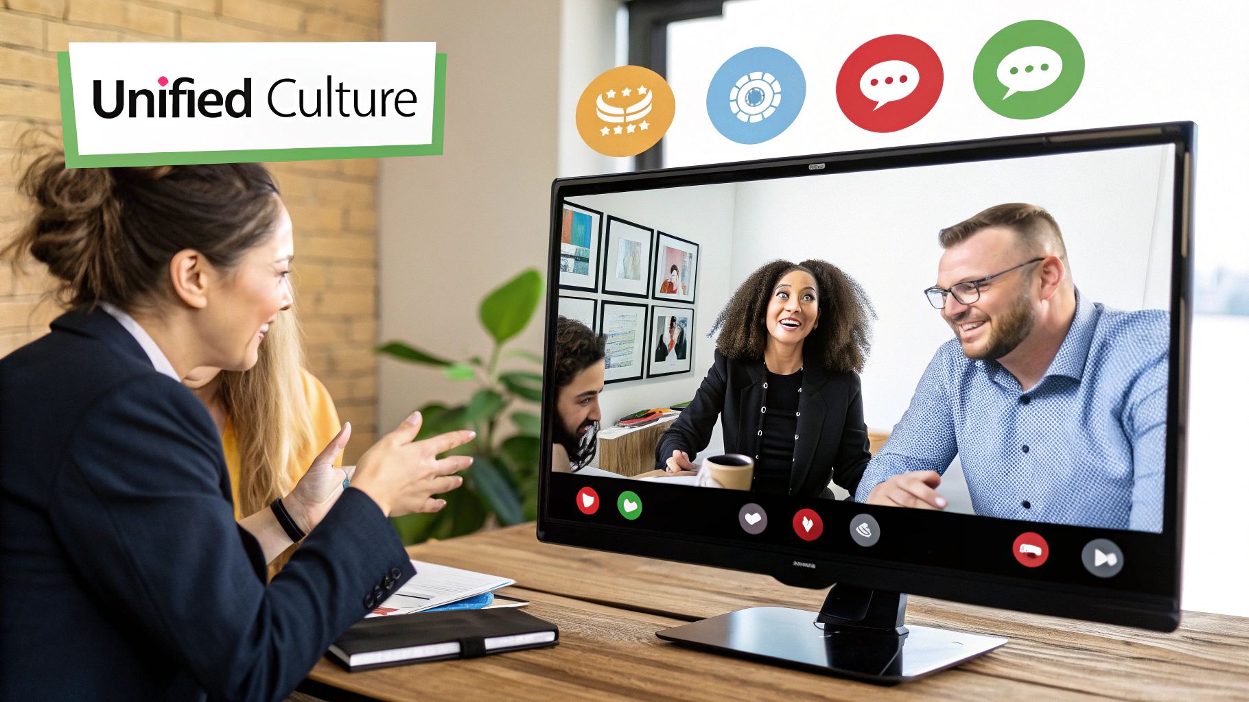 A diverse team of colleagues collaborating and laughing together in a bright, modern office, representing a strong company culture.