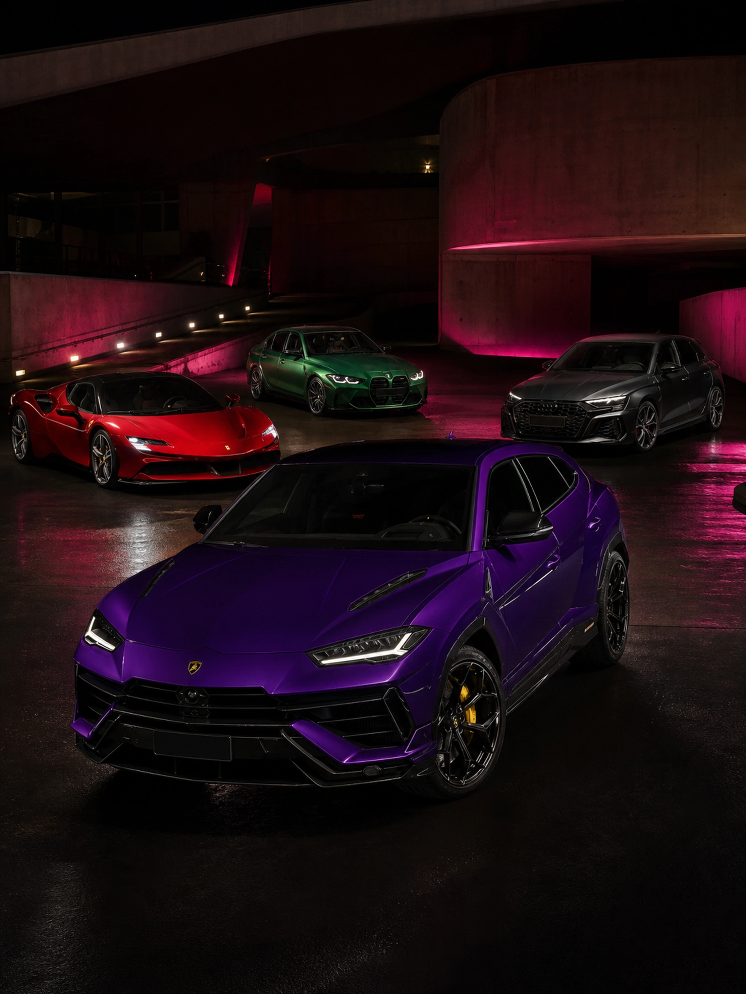 Premium performance vehicles in a dark studio environment