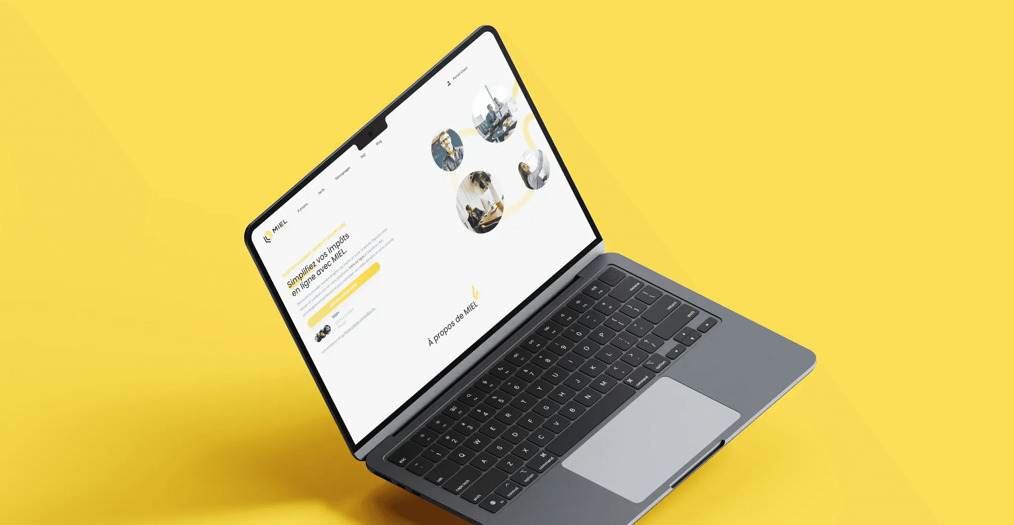 Mockup du site web MIEL (Mes Impôts En Ligne) affiché sur un ordinateur portable — page d'accueil avec le slogan "Simplifiez vos impôts en ligne avec MIEL"
