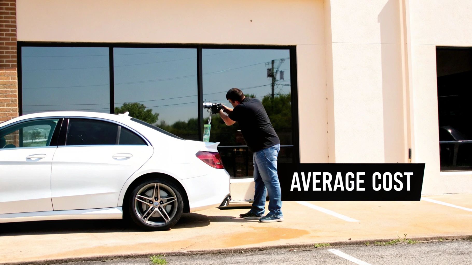 A man applying window tint to the rear window of a white car, with 'AVERAGE COST' text.