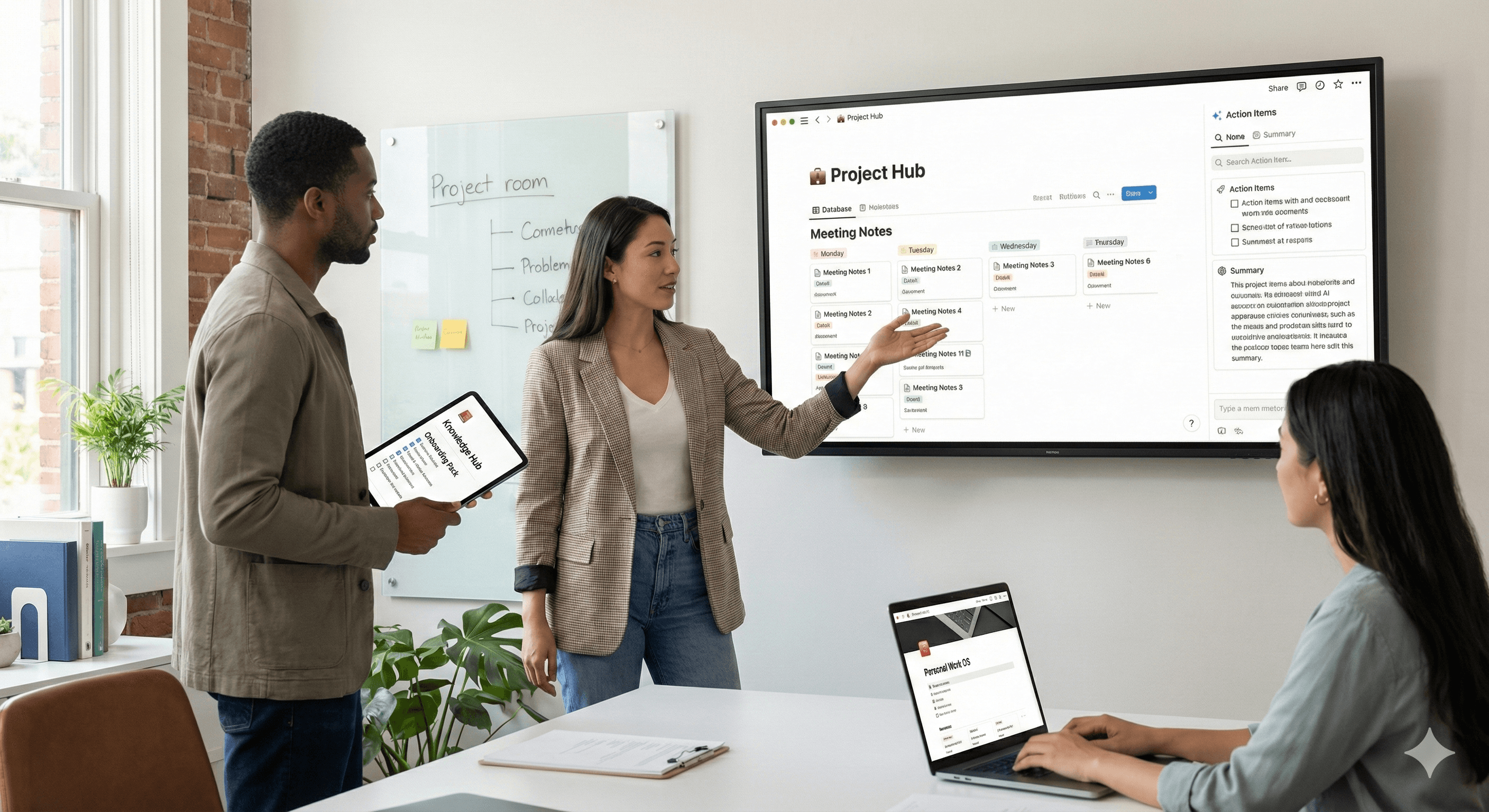 A diverse group of professionals in a modern office setting is engaged in a collaborative discussion, with one person presenting a digital project management board on a large screen, while others reference notes on a laptop and tablet, illustrating teamwork and digital organization, relevant to "Knowledge Worker Starter Packs in Notion (2026 Guide)".