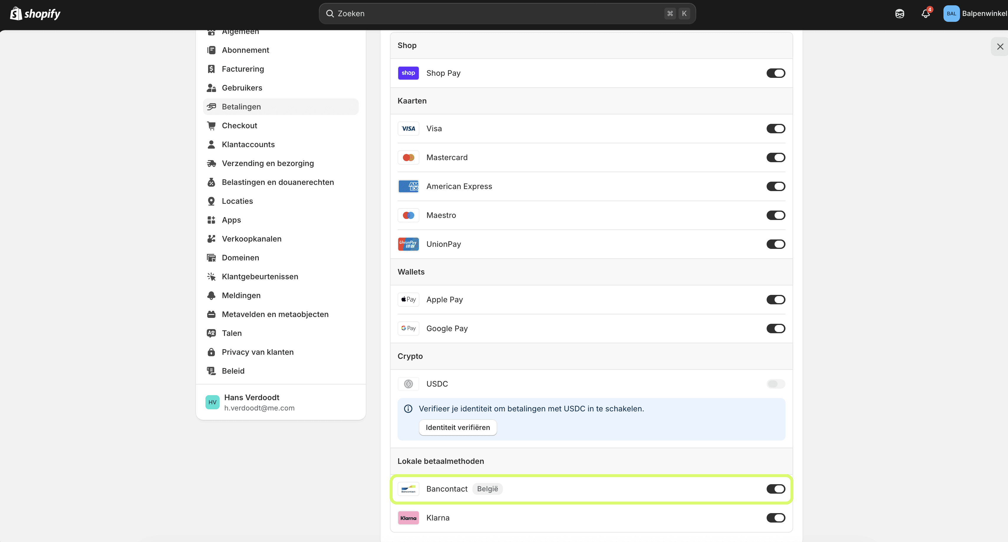 Screenshot van Shopify betalingsinstellingen