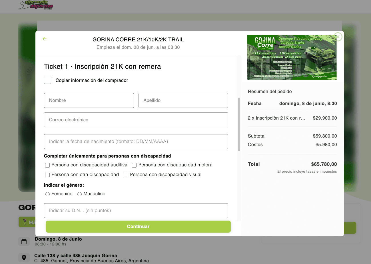 funcionalidad para agregar preguntas opcionales antes de que el corredor compre las entradas